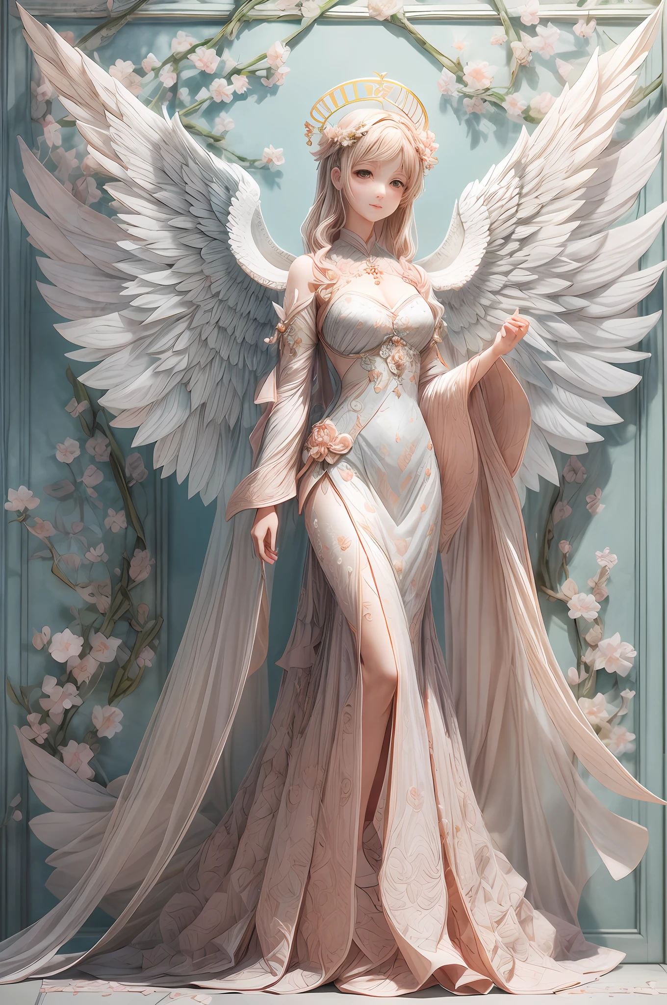 （peach blossoms:1.2)，Solo, full body，An angel girl with shining wings behind her, Halo, Delicate headgear，ssmile，paper art，(Quilted paper art),(geomerty:1.2),a 3D render，extremely detaile, Cinematic lighting effects，4K，tmasterpiece，offcial art