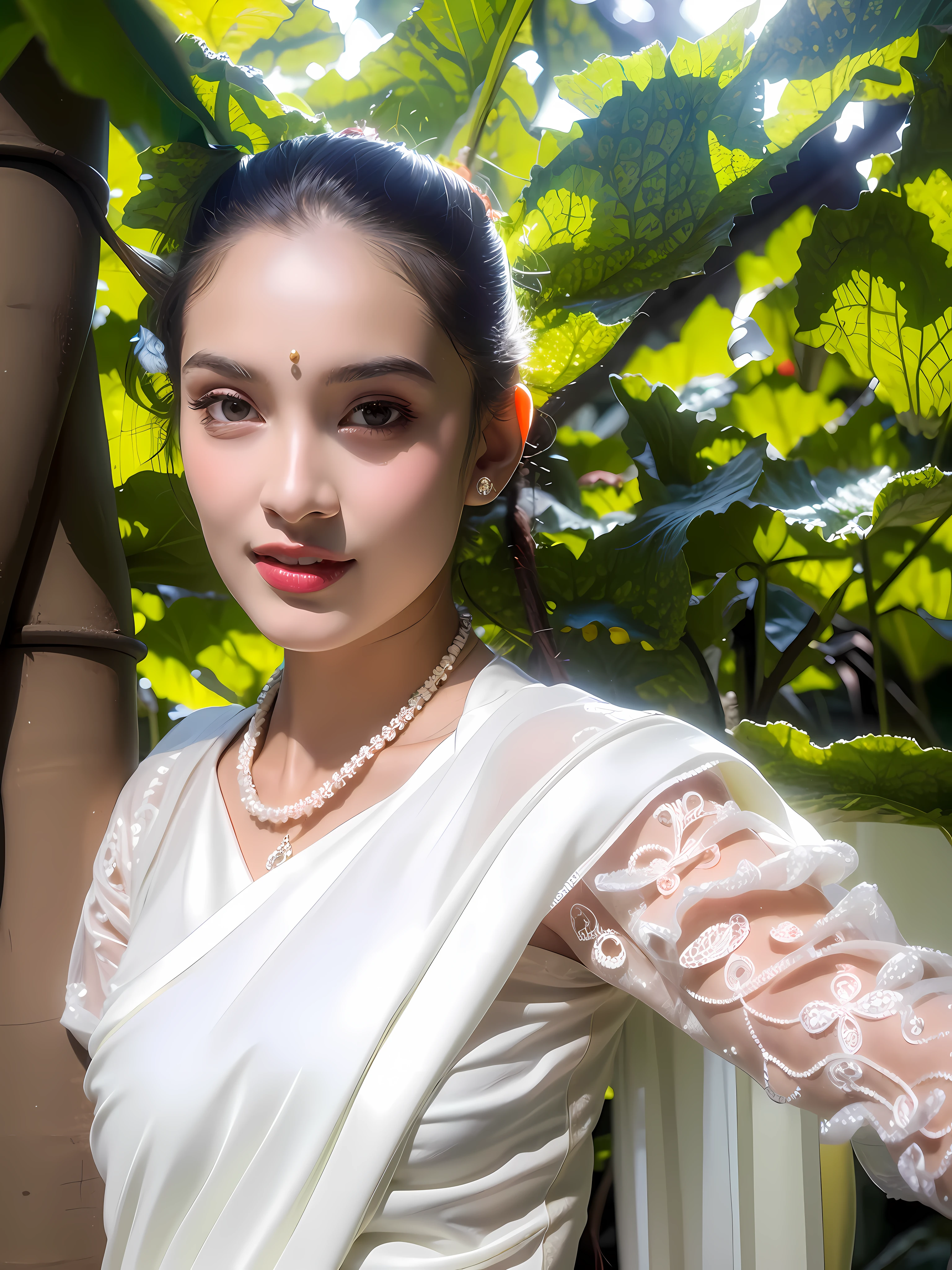 there is a woman in a white dress standing by a tree, wearing wedding saree, indian girl with white skin, a beautiful woman in white, traditional beauty, with white skin, taken in the early 2020s, around 1 9 years old, a beautiful young woman, photo of young woman, light skinned Sri Lankan young girl, portait image, a stunning young ethereal figure