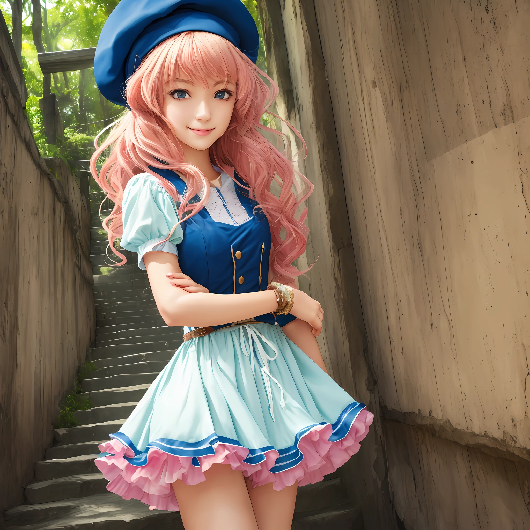 (masterpiece, best quality:1.2), cowboy shot, solo, 1girl, sheryl nome, smile, closed mouth, looking at viewer, beret, panties, pinafore short dress, puffy short sleeves