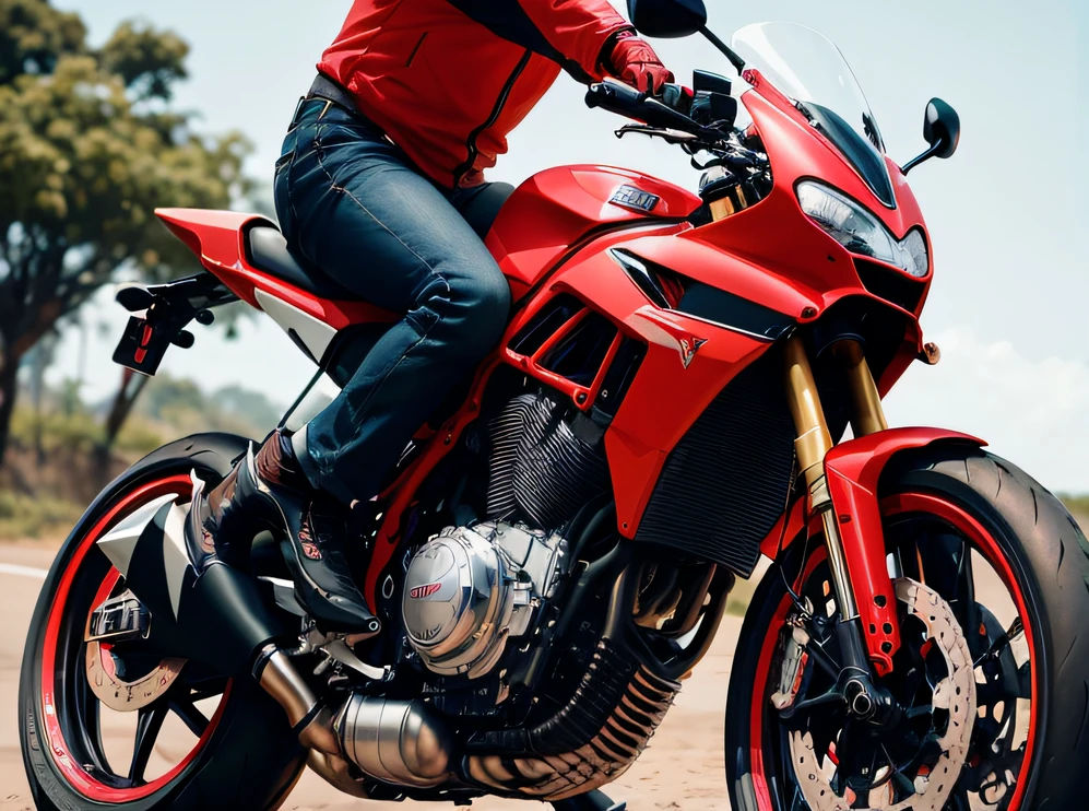 homem de barba, brasileiro, corpo sarado, cabelos curtos pretos, ultra realista perto de uma moto esportiva vermelha, 8K