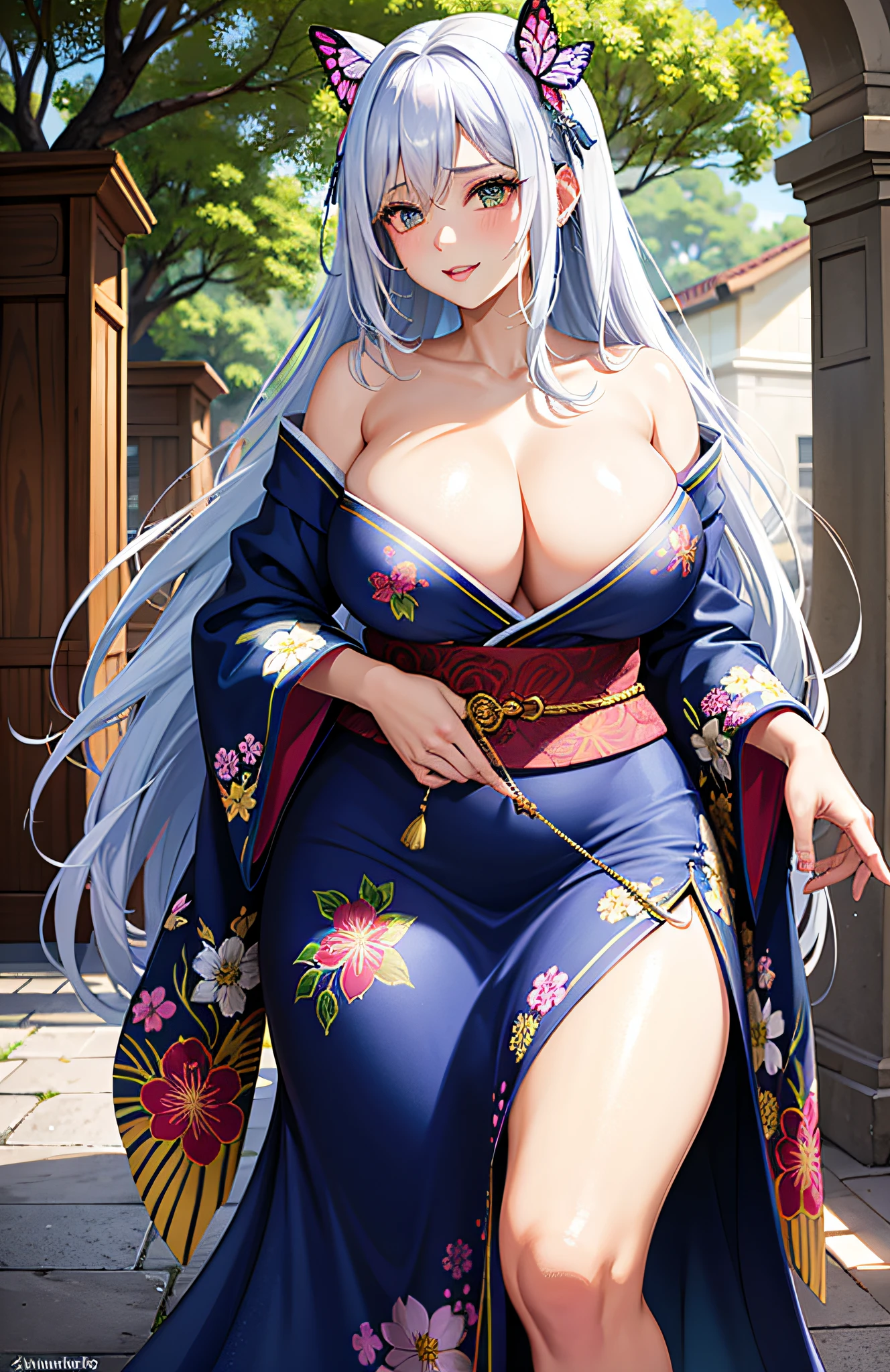 shukezouma, rendering by octane, hdr, (ultra - detailed:1.15), (Soft light, Sharp:1.2), 1girll, Beautiful girl, hyper detail eyes, mature, plump, Thick, rainbow painting drops, splat, Splash, Long colored hair, Super Girl，Beautiful woman delicate texture kimono，Bigchest（hair adornments，耳Nipple Ring，Floral hair ornaments，Butterfly hair ornaments），exteriors，the cherry trees