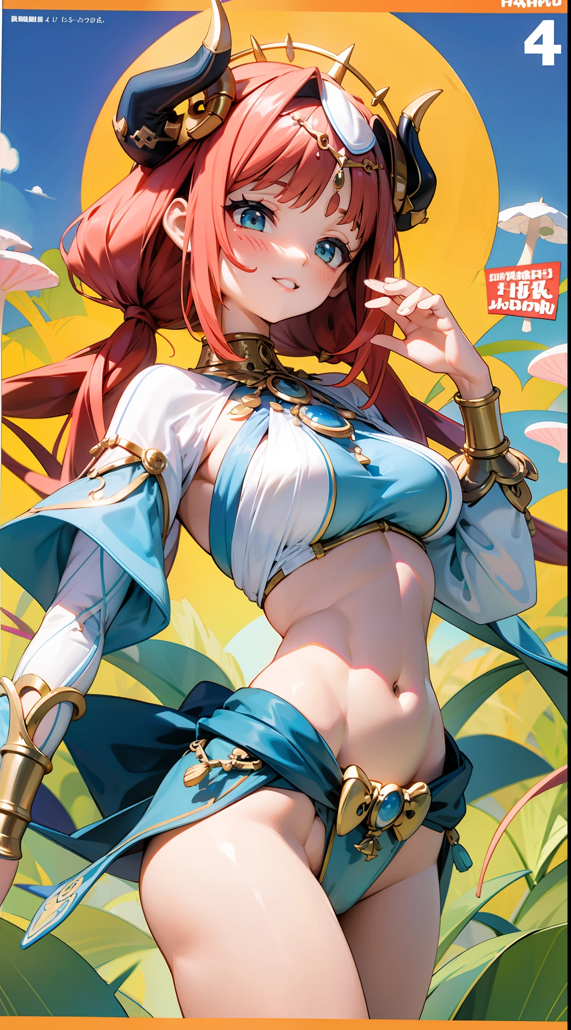 Nilou's influence on Genshin,Pure pink premium manga background,Slim figure,The upper body is short sleeves,having fun,Mesh garment,Four-panel comics,Chest open,Exposing the abdomen,Cocked buttocks,Fleshy thighs,Purple shawl,Masterpiece,Brilliant sunshine,Mushroom World,Above the sky,Comic cover style,Comic title