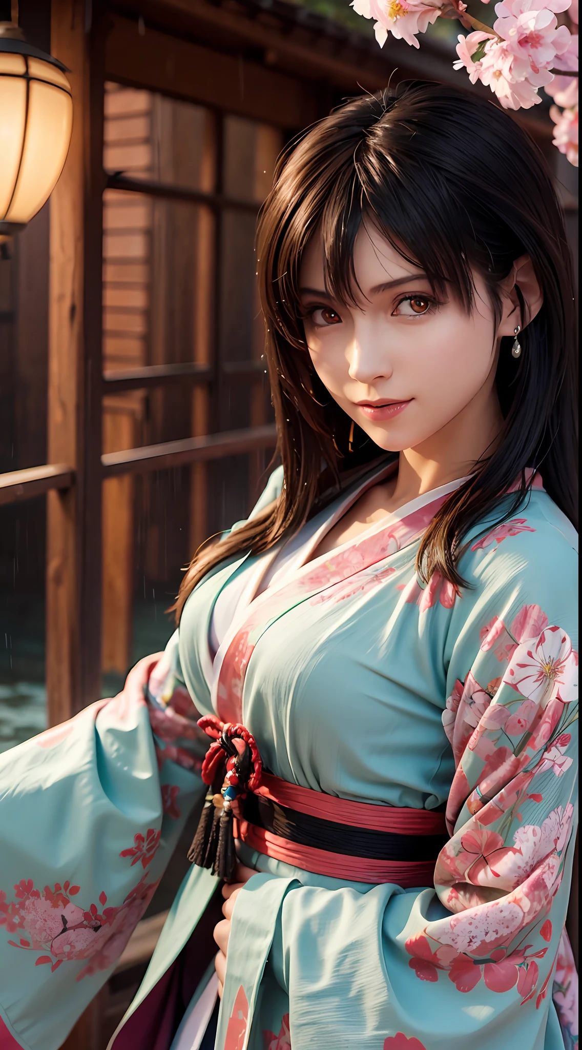 (Masterpiece, high resolution, illustration:1.3),half-body photo， Charming schoolgirl, closeup of face，(Flowing russet hair:1.2), Emerald green eyes, (Traditional samurai costume:1.1), Sakura themed kimono, , Old stone paved streets, Tokyo in cherry blossom season, (Petals flutter in the rain:1.2), misterious ambience, (illuminated lanterns:1.1), Comfortable storefront, Traditional wooden house, (Tranquil water reflection:1.2), pensive expression, tranquil ambiance, Gentle raindrops, Diagonal composition, Top-down perspective, Fantastic color scheme, Poetic storytelling.