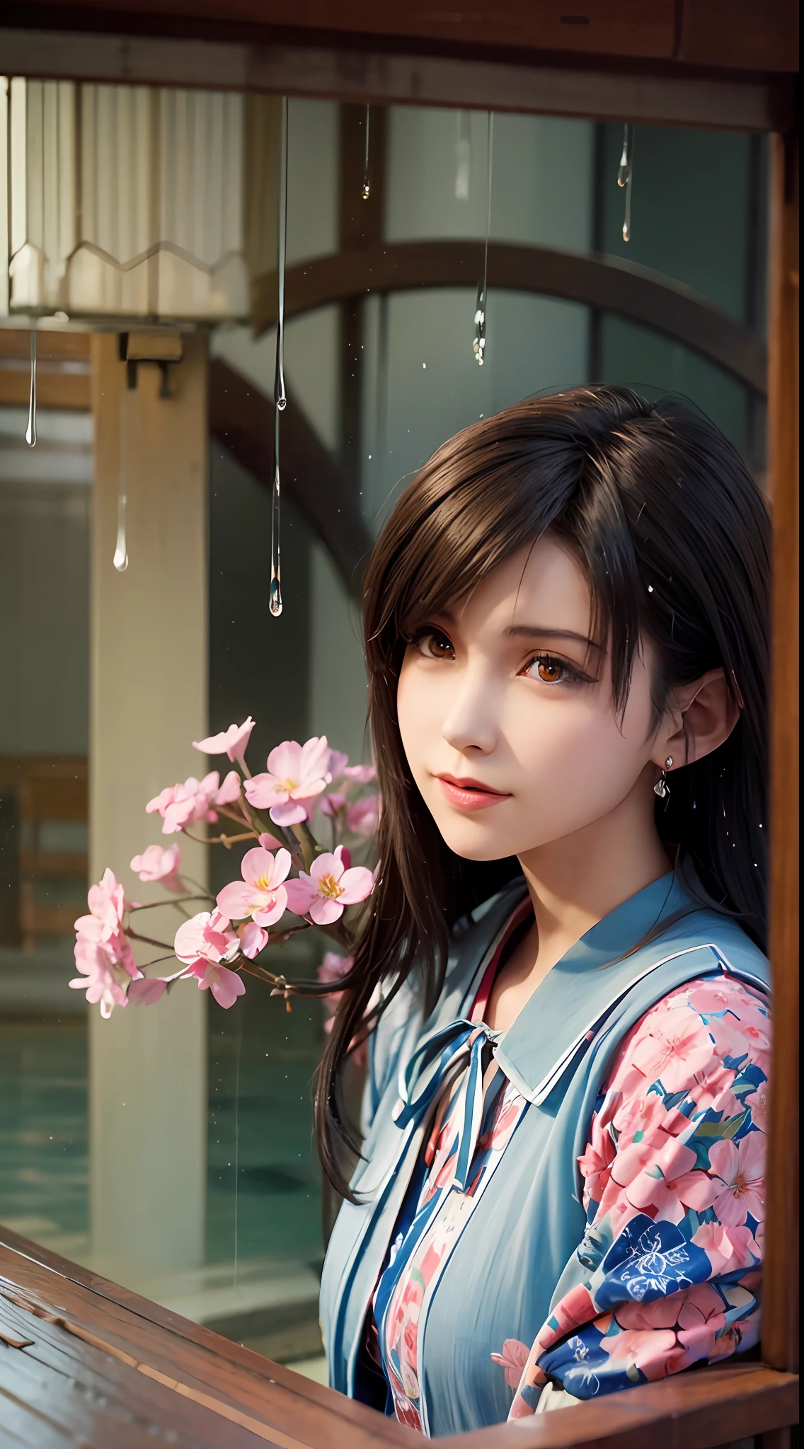 (Masterpiece, high resolution, illustration:1.3),half-body photo, Charming schoolgirl, closeup of face,(Flowing russet hair:1.2), Emerald green eyes, (Traditional samurai costume:1.1), Sakura themed kimono, , Old stone paved streets, Tokyo in cherry blossom season, (Petals flutter in the rain:1.2), misterious ambience, (illuminated lanterns:1.1), Comfortable storefront, Traditional wooden house, (Tranquil water reflection:1.2), pensive expression, tranquil ambiance, Gentle raindrops, Diagonal composition, Top-down perspective, Fantastic color scheme, Poetic storytelling.