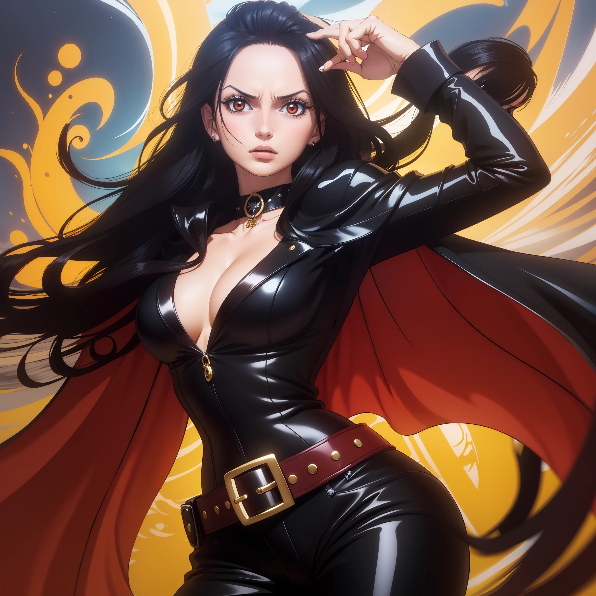 melhor qualidade, Girl long hair dress long breasts long cape red medium belt black bright red eyes, cabelo preto, colar, pose fofa, black collar high black pants, angry expression, pose de lado, batom vermelho na boca, dentro de um navio, em alto mar, mar atras, Olhos vermelhos, cabelo curto pretos, olhos vermelhos brilhantes, pirata, navio de pirata, Pose para cartaz, com uma katana, segurando um livro, arqueologa colar, bracelete, usando oculos de arqueologa, boa hancok Cobra amarela pose sexy bonita e elegante