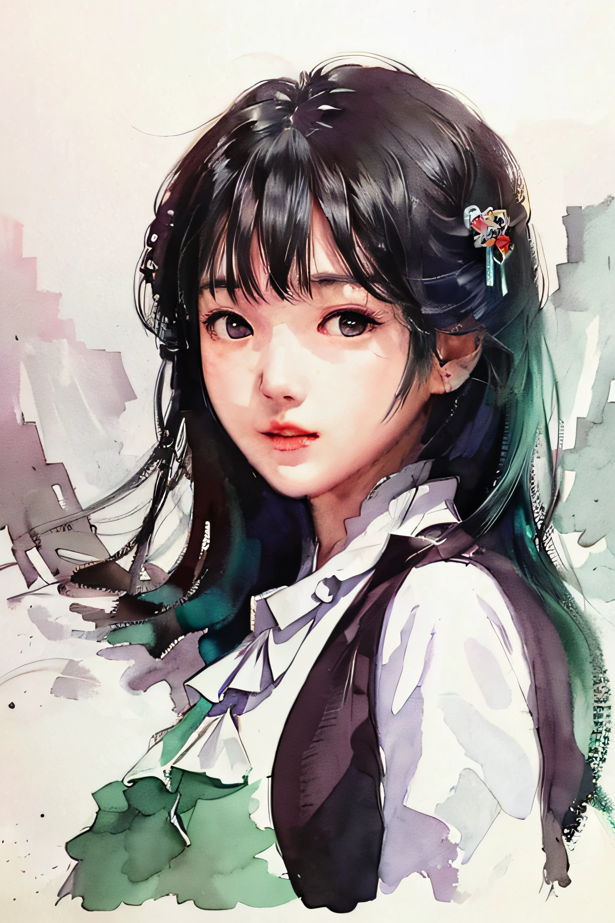 (upper body: 1.5),(white background:1.4), ((tachi-e)), original,(illustration:1.1),(best quality),(masterpiece:1.1),(extremely detailed CG unity 8k wallpaper:1.1), (colorful:0.9),(panorama shot:1.4),(full body:1.05),(solo:1.2), (ink splashing),(color splashing),((watercolor)), clear sharp focus,{ 1girl standing },((chinese style )),flower background,outdoors,rocks, looking at viewer, make happy expressions,soft smile,pure,beautyfull detailed face and eyes,beautyfull intricacy clothing decorative pattern details, black hair,black eyes,colorwater