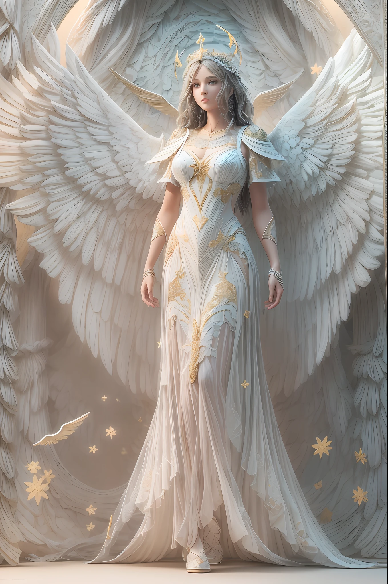 Solo, full body,An angel girl with shining wings behind her, Halo, and delicate headdresses,paper art,(Quilted paper art),(geomerty:1.2),a 3D render,extremely detaile, Cinematic lighting effects,4K,tmasterpiece,offcial art
