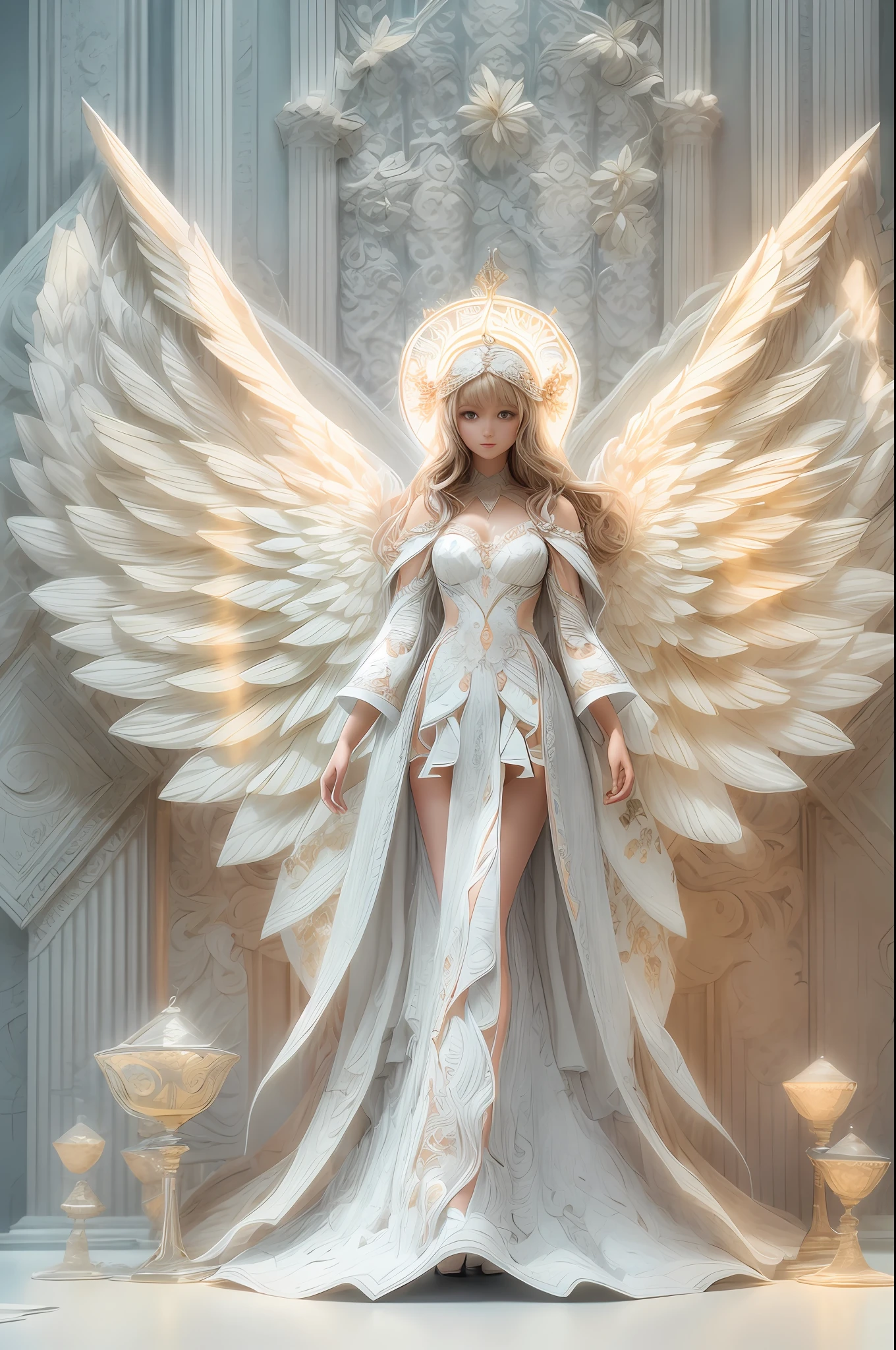 Solo, full body,An angel girl with shining wings behind her, Halo, delicate headdresses,ssmile,paper art,(Quilted paper art),(geomerty:1.2),a 3D render,extremely detaile, Cinematic lighting effects,4K,tmasterpiece,offcial art