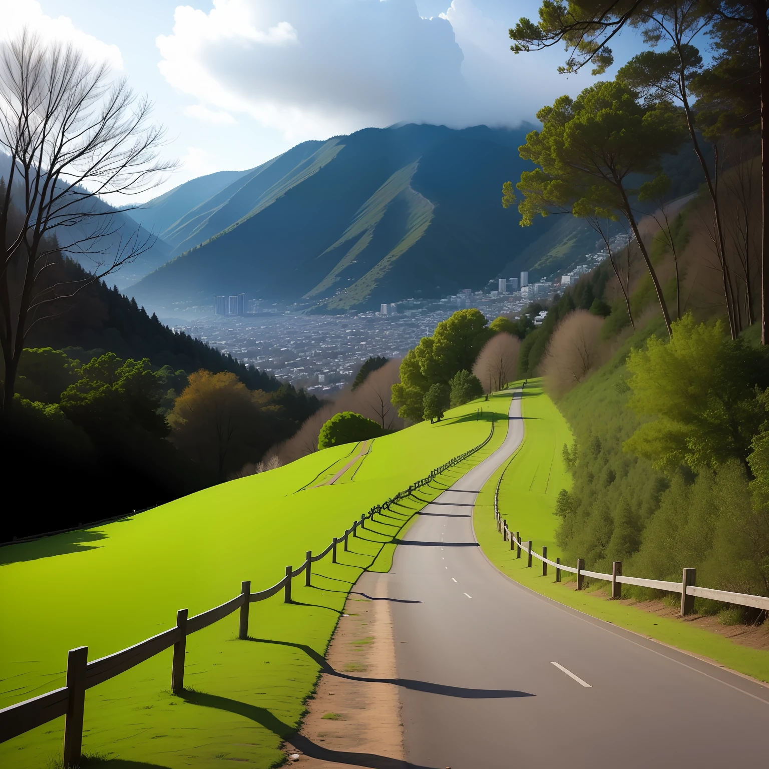 at winter season, Paths with low trees, Empty, rios, Small hillside, overcast day, The perspective is on the path --auto