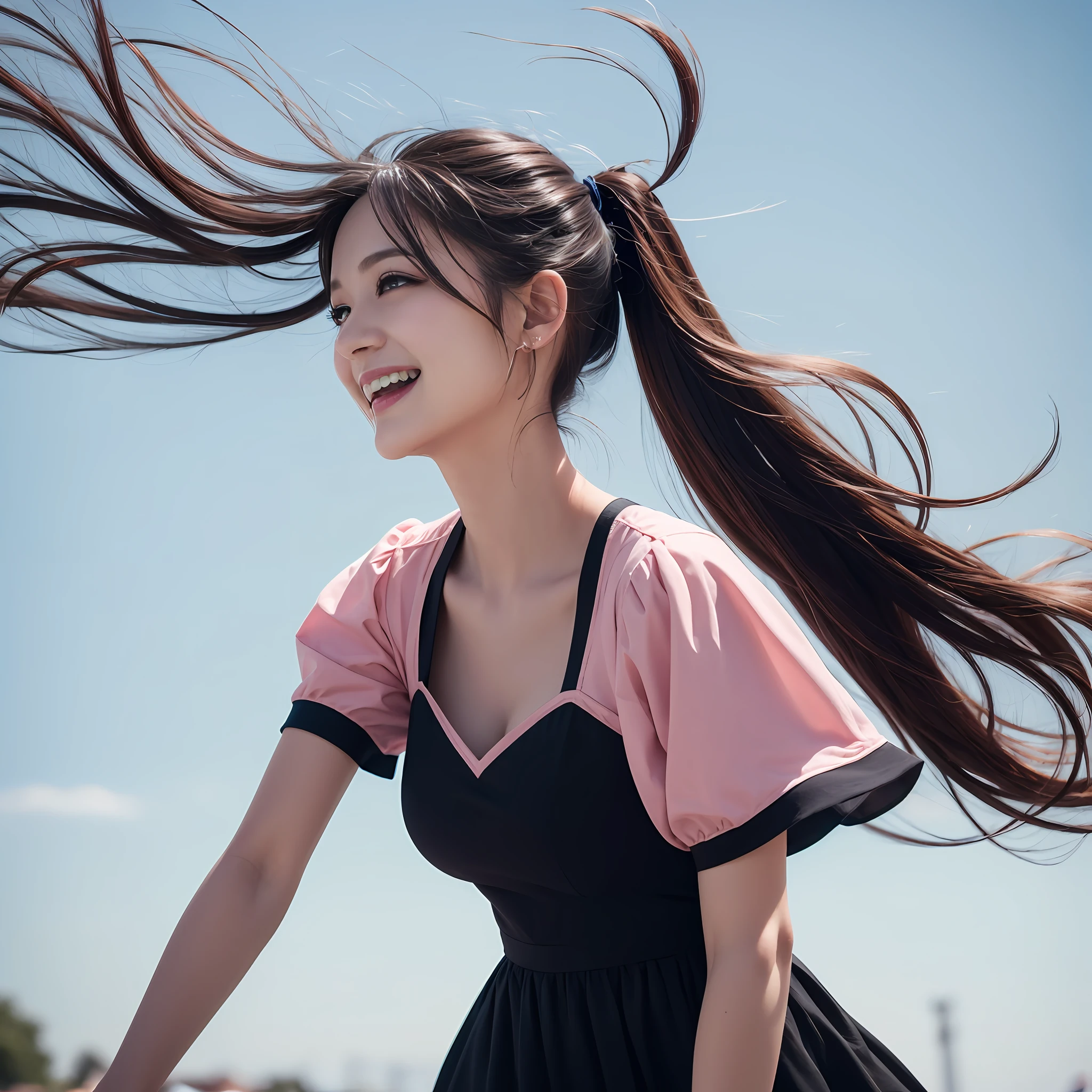 Pink Short Sleeve Long Dress Ruffles 4K Beauty Short Bob Hair Blowing Wind Active Pose Amazing Angle Smile Twin Tails Hair Black Hair Realistic Fine Details