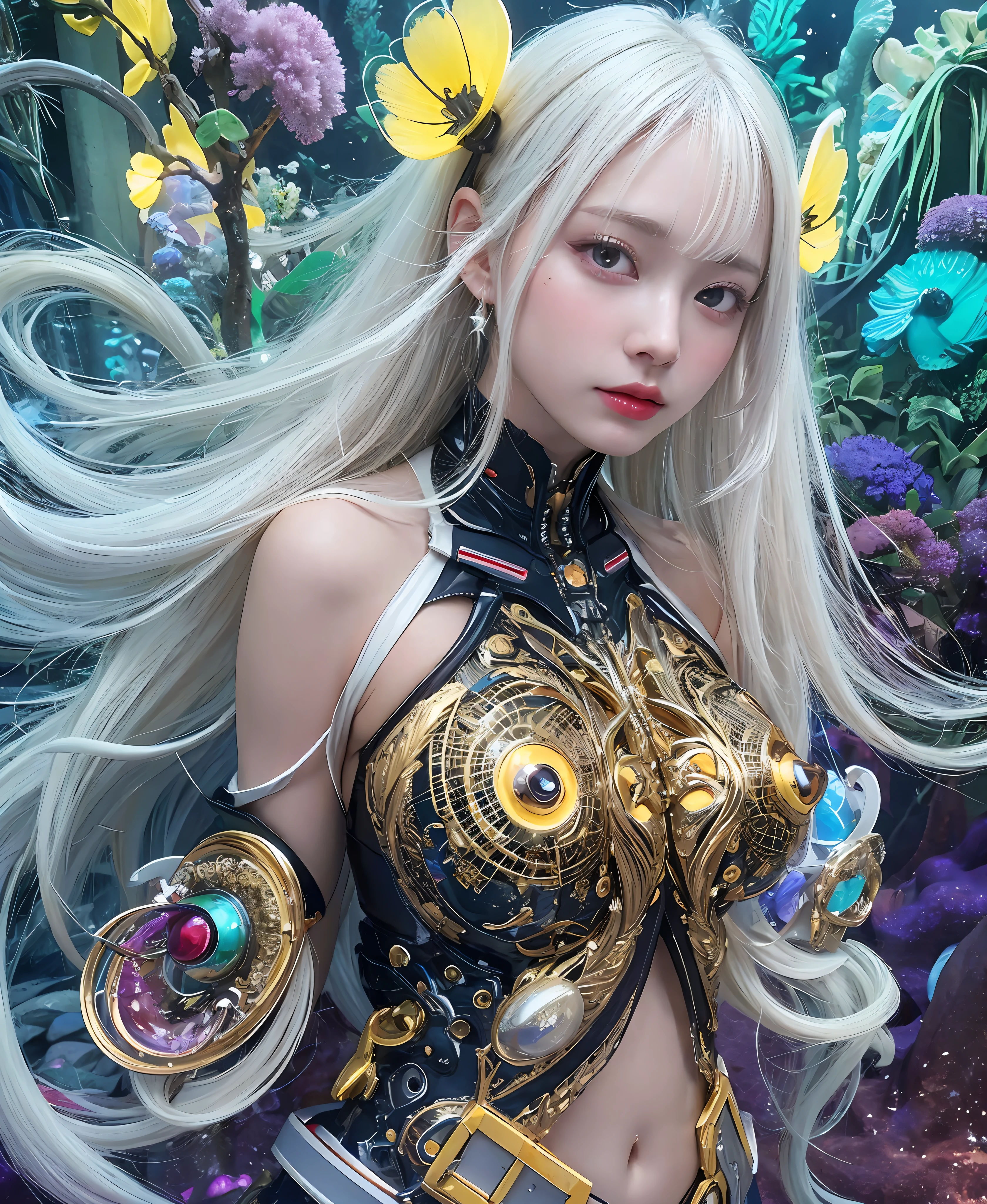 white hair、long fluttering hair、strong breeze、a purple eye、Luminous Eyes、Tentacles clinging to the body、White Latex Suit、Mollusk girl、Colossal tits、The face and chest are alive、Cleavage is visible。photoRealstic、portfolio、Biotech Cyborg、Gothloli details、tentaculata、Detailed biocomponents、Bundle of thin tubes、sea anemones、Nudibranch、Luminous tube、Detailed neon、Fine LED、Golden fine parts