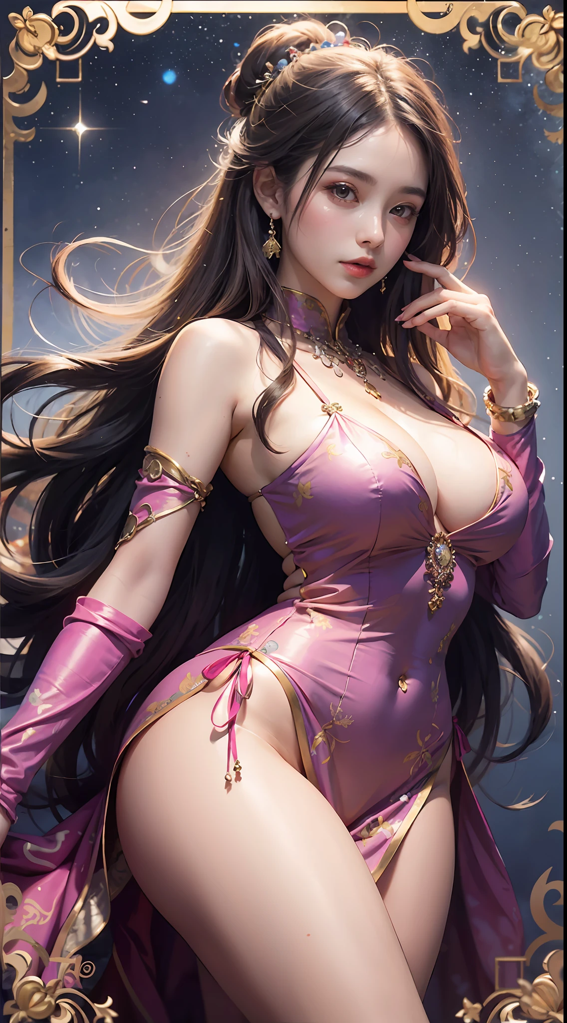 Art depicts a charming woman,Dressed in a flowing manner、Silky traditional oriental dress,in pink,Decorated with intricate patterns and bright colors。Her dress draped elegantly over her curvy figure,Highlights her seductive silhouette。She stood gracefully in the quiet moonlit night,bathed in the soft glow of the moonlight。The scene exudes an ethereal and dreamy atmosphere,With a touch of mystery and sexiness。The image style incorporates watercolor and digital illustration techniques,It evokes a refined beauty and charm。The lights are filled with soft moonlight,casting soft highlights and shadows on her charming features。Bare thighs,Bigchest,8k,Stand up,long leges,big breasts thin waist