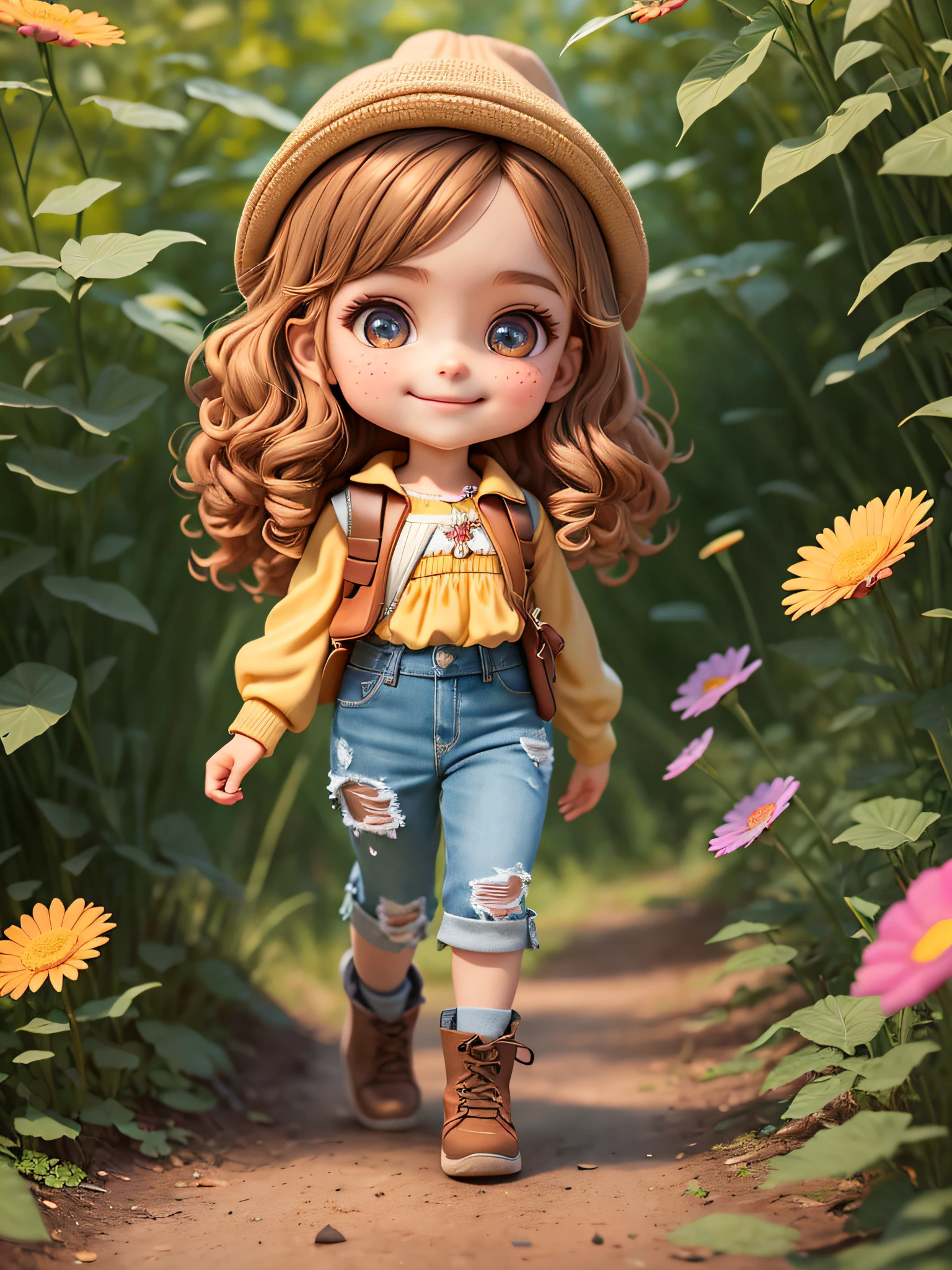 (masterpiece),(best quality),(ultra-detailed), (full body: 1.2), 1girl, Chibi, Cute, smile, shirt, Laura was a girl with light brown hair, which fell in soft curls over her shoulders. His eyes were large and bright, the color of honey, full of curiosity and courage. His smile was infectious, lighting up the environment around him. She had a small, snub nose, which complemented her delicate face. Laura was short and agile, always ready to explore new places and face challenges. She wore a comfortable, colorful outfit, with a brown leather vest, a floral blouse, and ripped jeans. On her feet, she wore sturdy hiking boots, perfect for her adventures in the woods. Laura had a special sparkle in her eyes that reflected her adventurous nature and her ability to find magic in every corner. (beautiful and detailed face), (beautiful detailed eyes),(masterpiece),(best quality),(ultra-detailed), (full body: 1.2), 1girl, Chibi, cute, smile, shirt, Laura was a 5--old l, light brown hair, which fell in soft curls over her shoulders. His eyes were large and bright, the color of honey, full of curiosity and courage. His smile was infectious, lighting up the environment around him. She had a small, snub nose, which complemented her delicate face. Laura was short and agile, always ready to explore new places and face challenges. She wore a comfortable, colorful outfit, with a brown leather vest, a floral blouse, and ripped jeans. On her feet, she wore sturdy hiking boots, perfect for her adventures in the woods. Laura had a special sparkle in her eyes that reflected her adventurous nature and her ability to find magic in every corner. (beautiful and detailed face), (beautiful detailed eyes).
