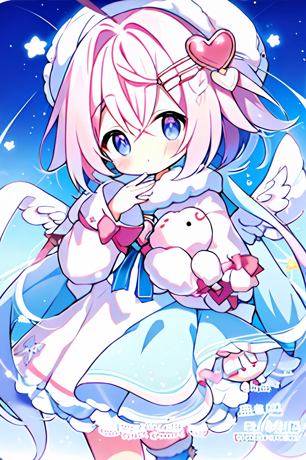 Anime girl with angel wings and heart in her hand, anime visual of a cute girl, Cute anime girl, Anime moe art style, small curvaceous loli, of an beautiful angel girl, angel girl, angelic purity, High quality anime art style, Cute anime, ahegao, Cute anime style, small li girl, Angelic, Splash art anime Loli, Loli