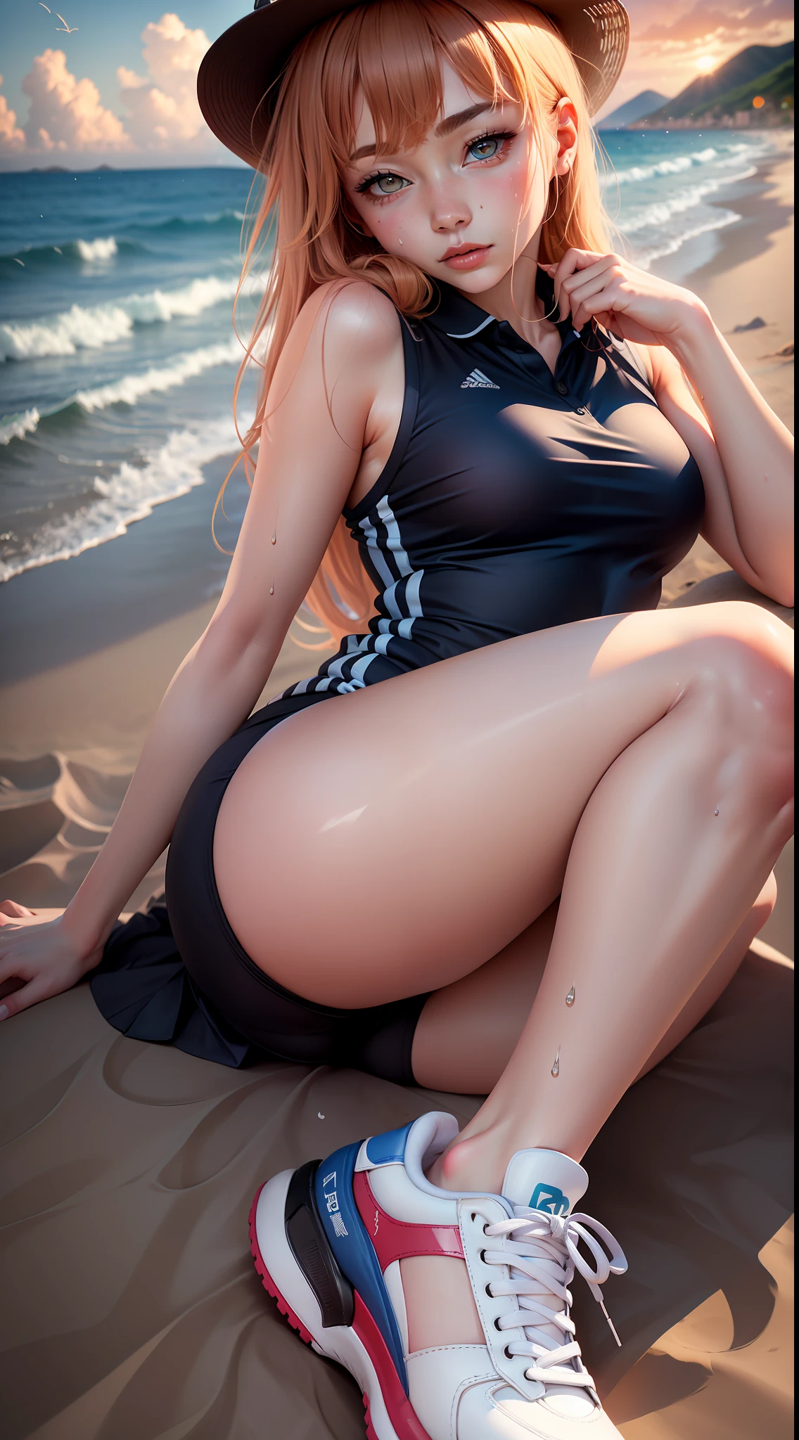 , 独奏, Black polo shirt, White sneakers, Volleyball suit, redPanties, masterpiece, top-quality, realisitic, ultra-detailliert, (shinny skin, Sweating: 1.4), Ridiculous, looking at viewert, Long Blonde Hair、Blue eyes, slender, dynamic light and shadow, hight resolution, foco nítido, depth of fields, Narrow-eyed, Sharp pupils, Realistic pupils, (breasts are small: 1.6), (Thigh thickness: 1.0), Evening beach