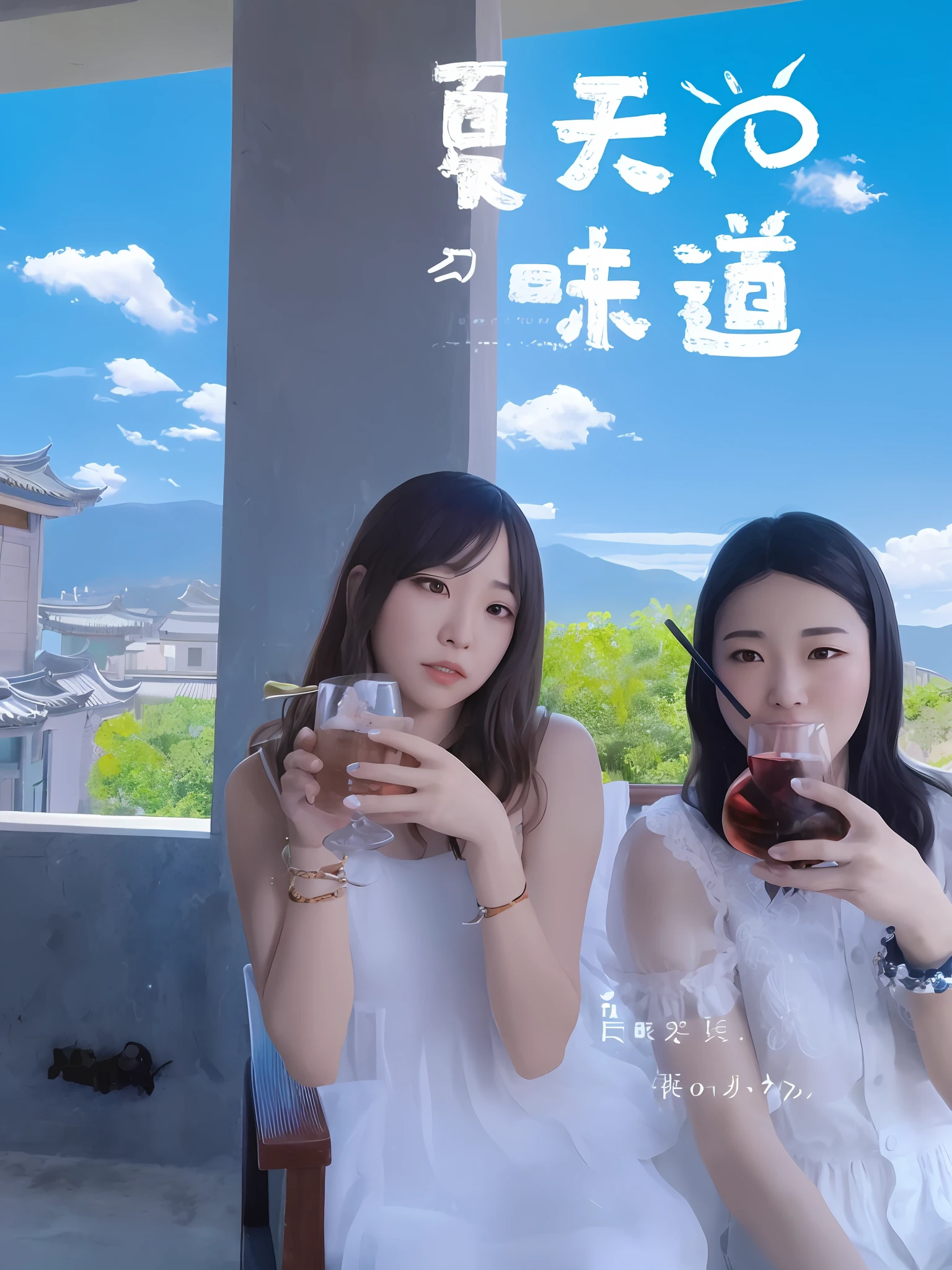 Two women sitting on the porch drinking glasses, Middle metaverse, Ruan Jia and Fenghua Zhong, zmonzheng, author:Sengai, new album cover, drink, Chiba Yuda, new song, An anime cover, shaxi, Yan, trending at cgstation