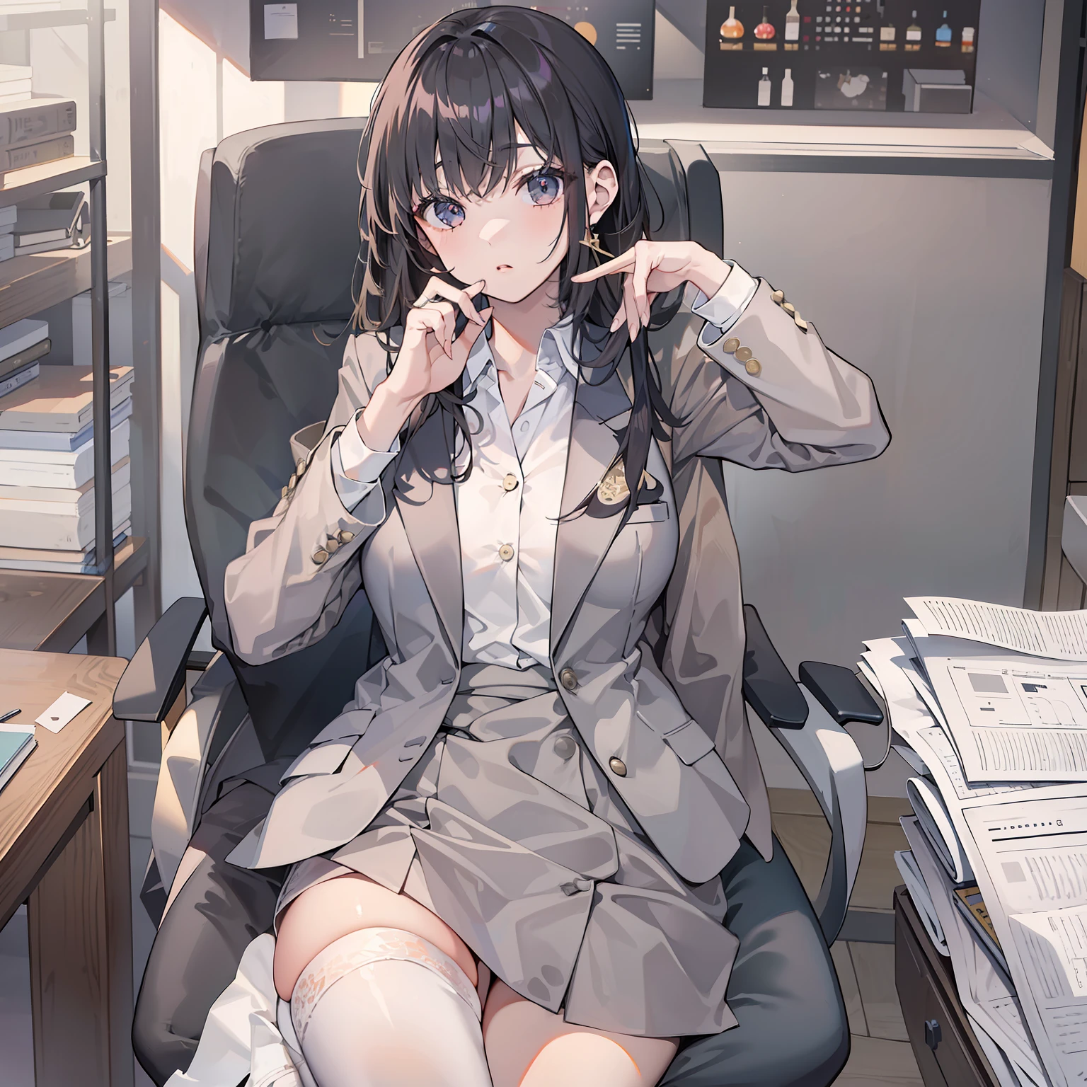 (top-quality、8K、32K、masterpiece、nffsw:1.2)、1girl in、beautiful japanese female、big breasts thin waist、Gray suit、Open jacket、、Officelady、suits、sin pantalon、white panties、from the rear、Office、desk work、、(stick out buttocks:1.2)、A detailed face、shorth hair、、raise one leg from the bottom、sit a chair、Social animals、Tired face、Dark circles under the eyes