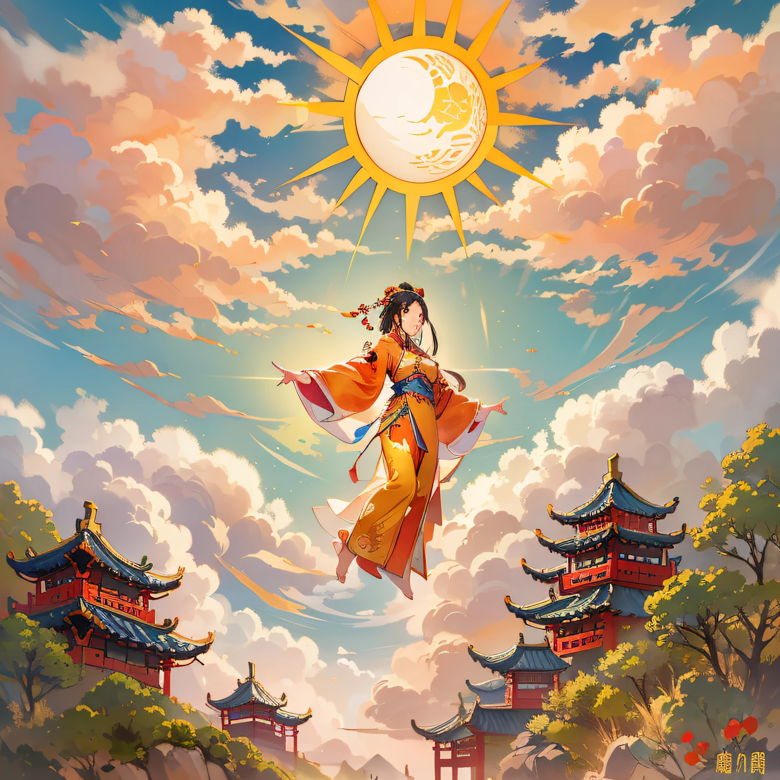 Big Sun,Elevation perspective,A Chinese-style woman descends from the sky,Bright colors,long white robe