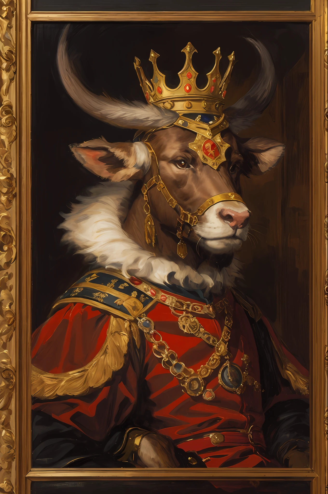 Minotaur portrait，1 Minotaur of the royal nobility，Portrait of the Duke，Sit in a European chair，Wear medals，Wearing a crown，Royal nobility，medieval times，Renaissance， tmasterpiece，Alafi in a red coat and gold collar, dignified aristocrat, nobles, aristocratic appearance, masterpiece anthro portrait, The classic portrait was inspired by John Singleton Copley