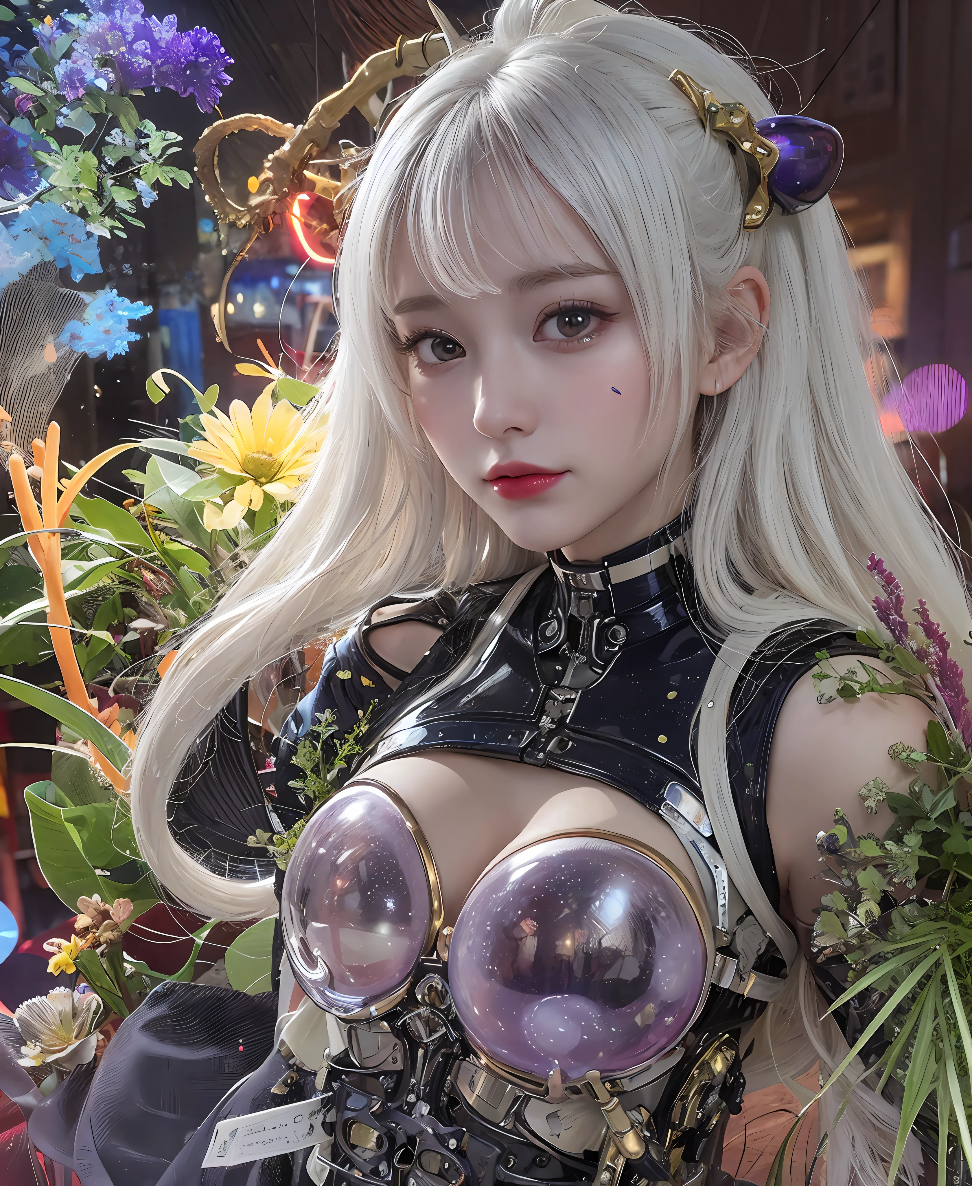 white hair、long fluttering hair、strong breeze、a purple eye、Luminous Eyes、Tentacles clinging to the body、White Latex Suit、Mollusk girl、Colossal tits、The face and chest are alive、Cleavage is visible。photoRealstic、portfolio、Biotech Cyborg、Gothloli details、tentaculata、Detailed biocomponents、Bundle of thin tubes、sea anemones、Nudibranch、Luminous tube、Detailed neon、Fine LED、Golden fine parts