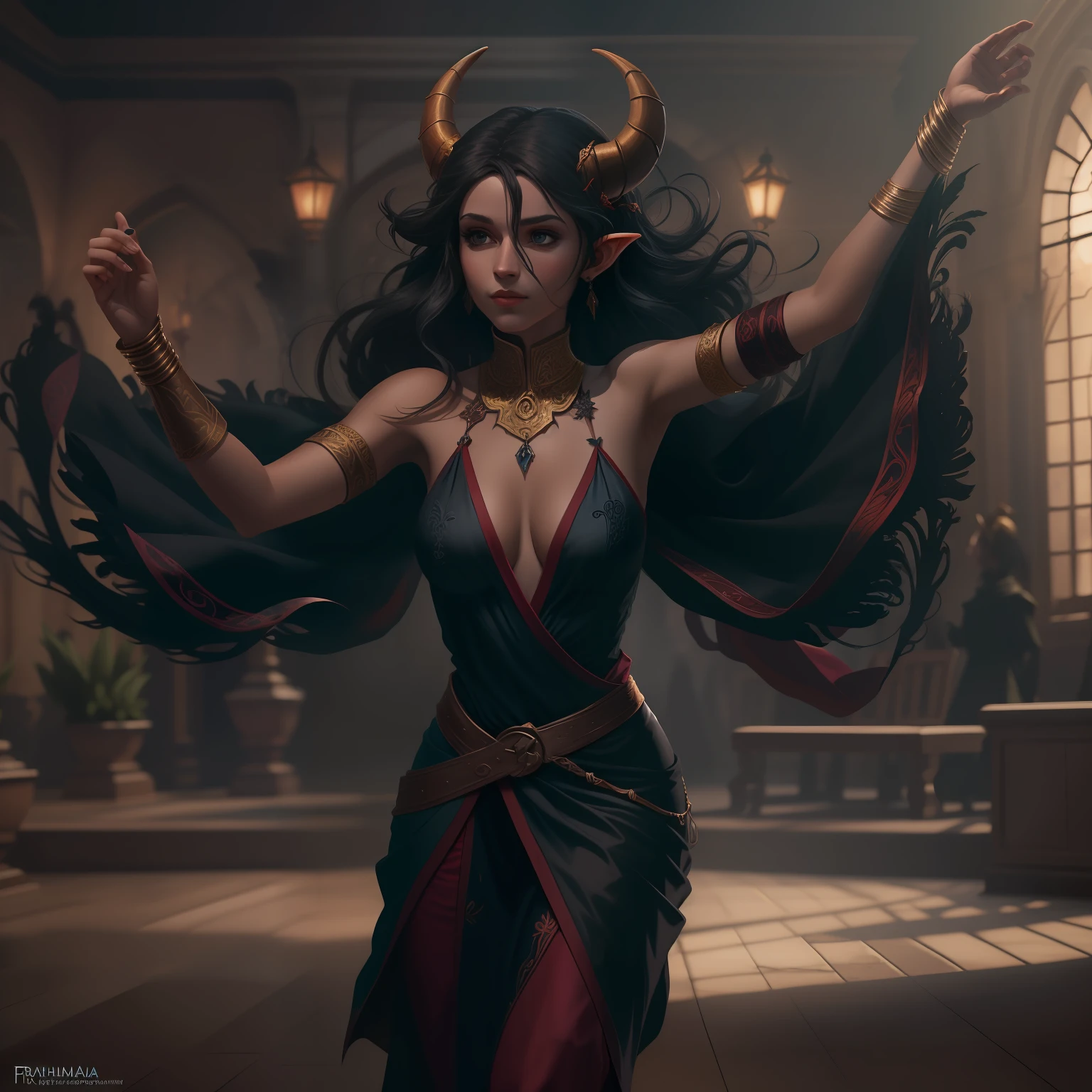 a beautiful tiefling woman dancing full body, cabelos muito longos preto com franja, Arte fantasia, Arte realista, medieval, 4k, arte detalhada