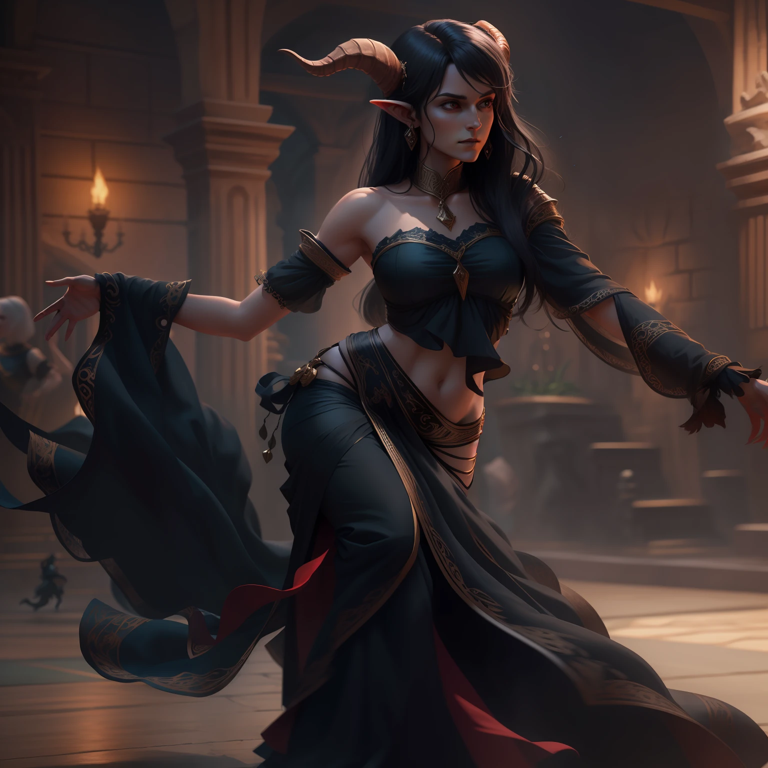 a beautiful tiefling woman dancing full body, cabelos muito longos preto com franja, Arte fantasia, Arte realista, medieval, 4k, arte detalhada