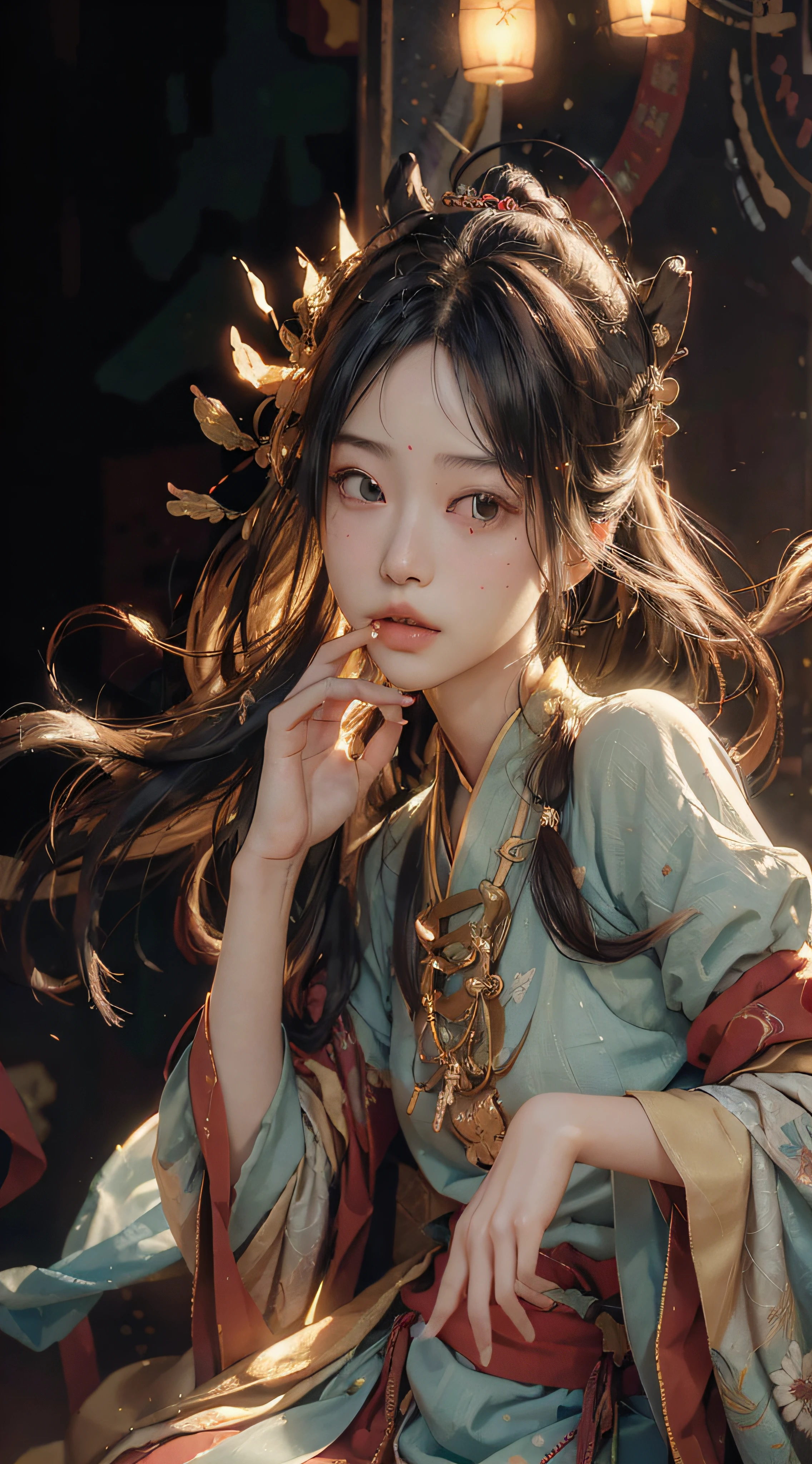 (RAW photo, best quality), (realistic, photo-realistic:1.3), best quality, highly detailed, masterpiece, ultra-detailed, illustration, 1girl, upper_body, dynamic angle, world mastery theater, messy_long_hair,best quality, extremely detailed CG unity 8k壁纸,墨水,惊人,电影灯光,lens_flare,dunhuang_style,微笑