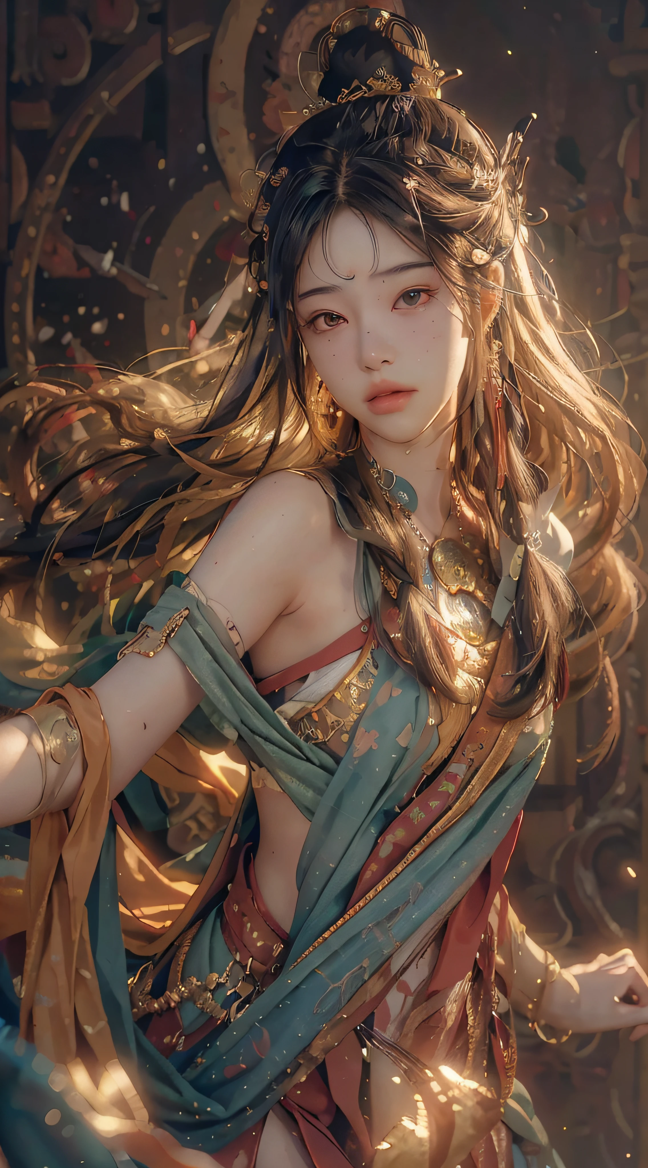 (RAW photo, best quality), (realistic, photo-realistic:1.3),best quality,highly detailed,masterpiece,ultra-detailed,illustration,1girl,upper_body,dynamic angle,world masterpiece theater,messy_long_hair,best quality,extremely detailed CG unity 8k wallpaper,ink,Amazing,cinematic lighting,lens_flare, dunhuang_style