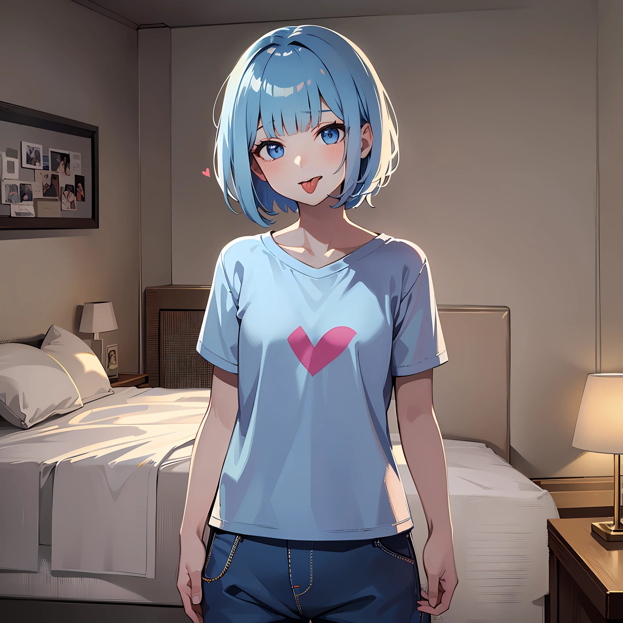 (masterpiece:1.3), (best quality:1.3), high resolution,
couboy shot,
head tilt, body facing forward, standing,
(one cute girl:1.3), solo,
white skin, small Breast, eight-headed person,
light blue hair, (bobbed hair:1.2), (short hair:1.2), (blunt bangs:1.2), beautiful hair, blue eyes, beautiful detailed eyes,
(tongue out:1.3), embarrassed, heart,
pyjamas, short pants,
indoors, white room, bed,
shadowlighting,