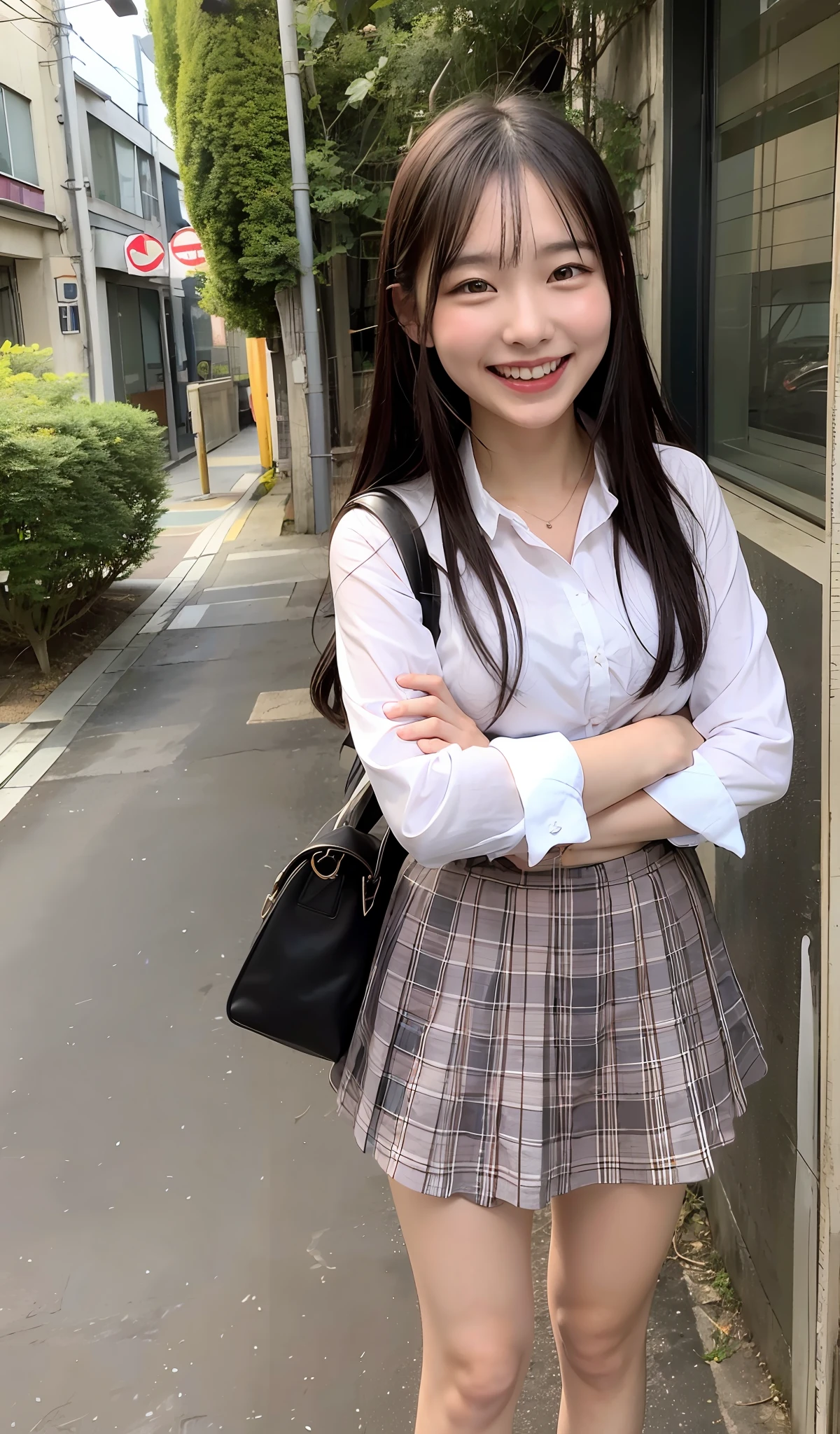 8K、Top image quality、masterpiece、夏天、Japan high school girl meets friends on her way to school。She grinned、I winked at my right eye.