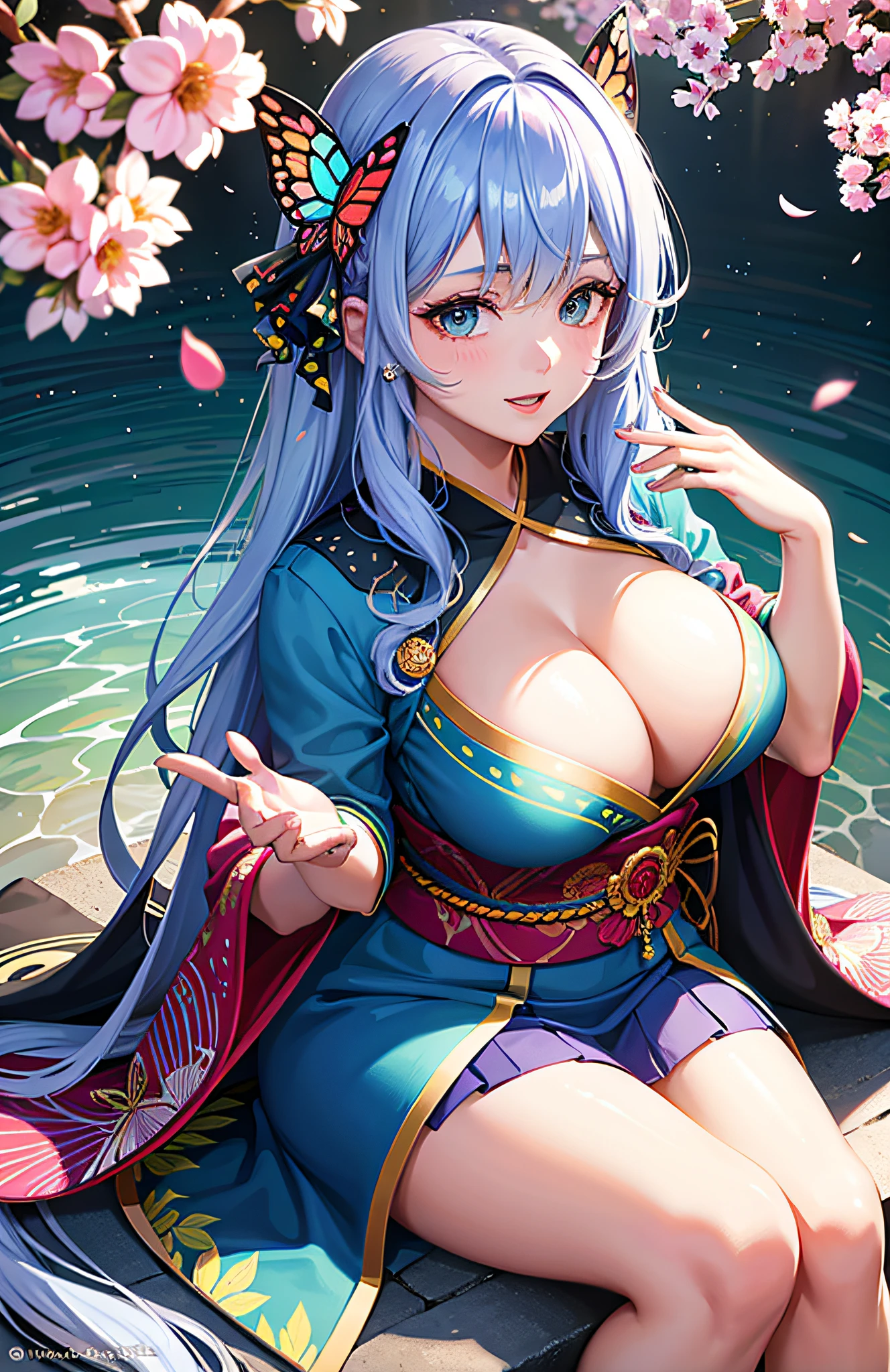 shukezouma, rendering by octane, hdr, (ultra - detailed:1.15), (Soft light, Sharp:1.2), 1girll, Beautiful girl, hyper detail eyes, mature, plump, Thick, rainbow painting drops, splat, Splash, Long colored hair, Super Girl,Beautiful woman delicate texture kimono,Bigchest(hair adornments,耳Nipple Ring,Floral hair ornaments,Butterfly hair ornaments),exteriors,the cherry trees