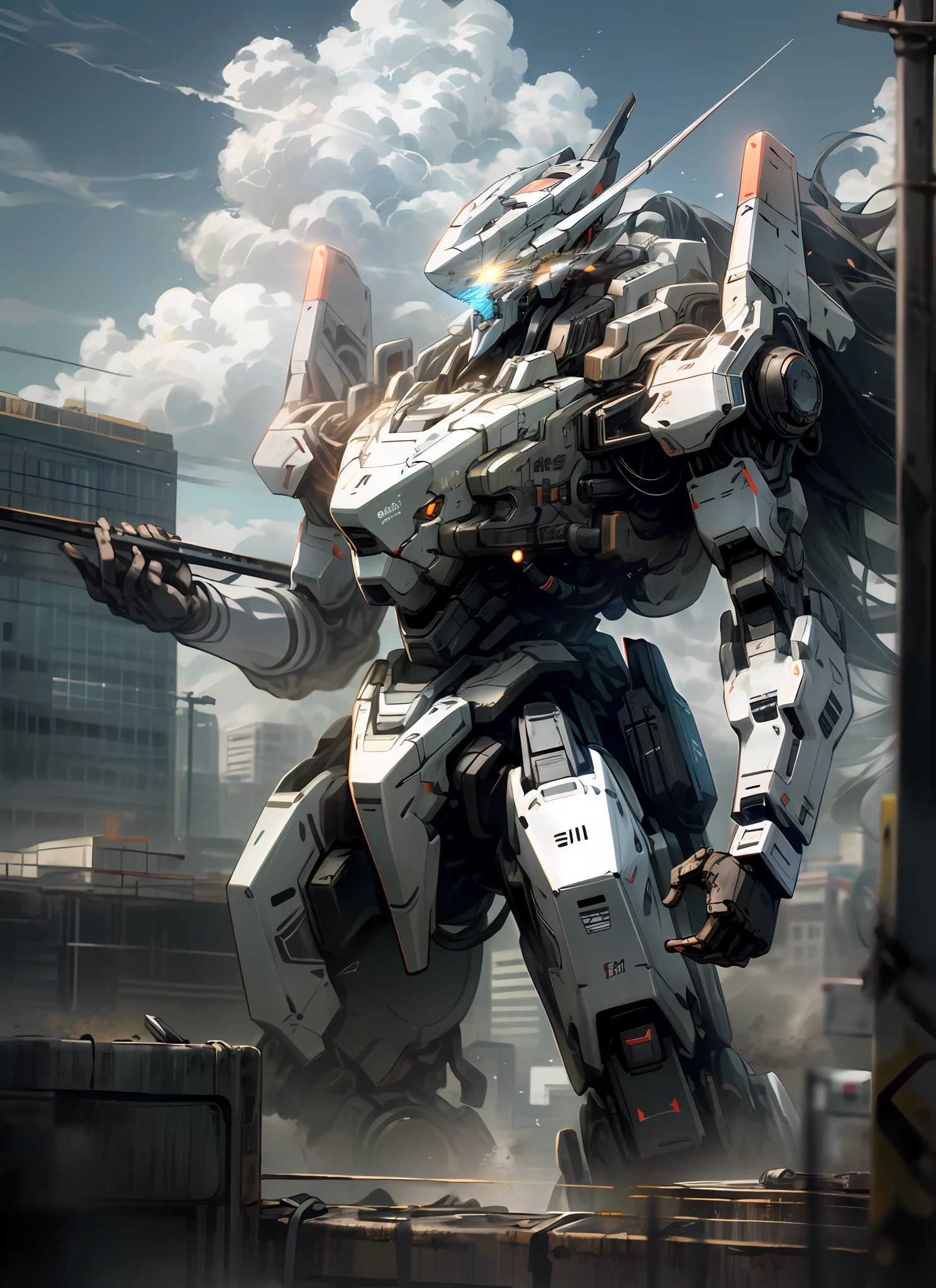 sky, cloud, holding_weapon, no_humans, glowing, , robot, building, glowing_eyes, mecha, science_fiction, city, realistic,mecha