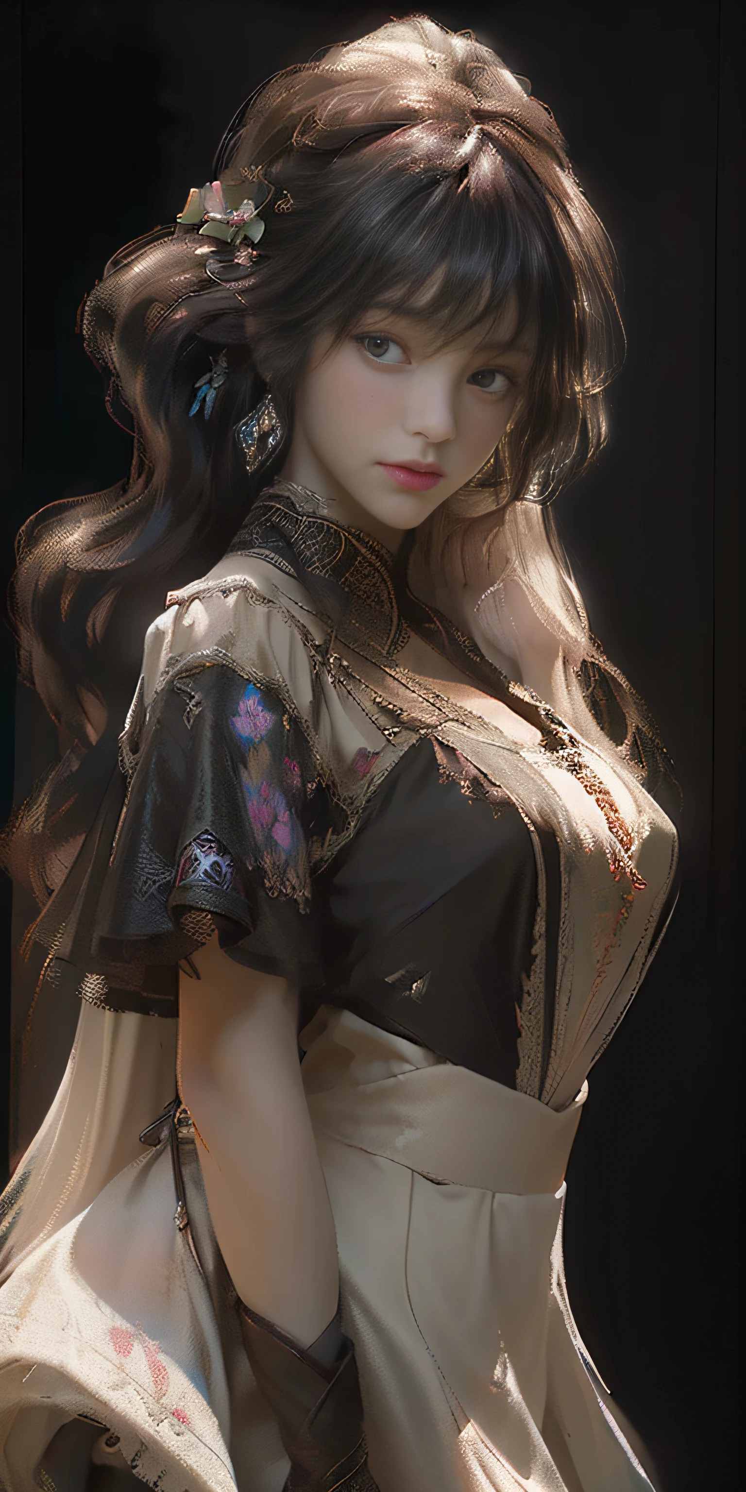 (front focus),(in the dark:1.6), Hyperrealist portrait of female by david hockney and alphonse mucha,fantasy art, photo realistic, dynamic lighting, artstation, poster, volumetric lighting, very detailed faces, 4 k, award winning,, 1girl, in the dark, deep shadow, low key,cowboy shot,(official clothing:1.4) ,long hair,white hair,