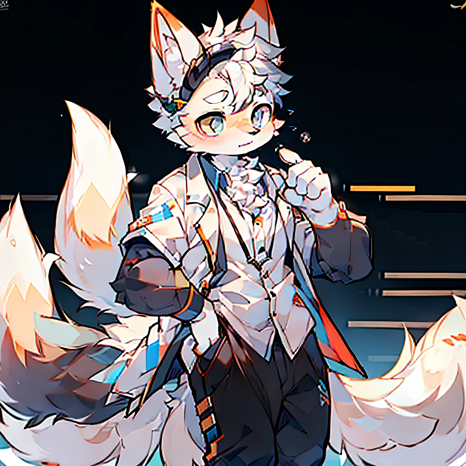 A furry white fox in a scientist's uniform in the laboratory。