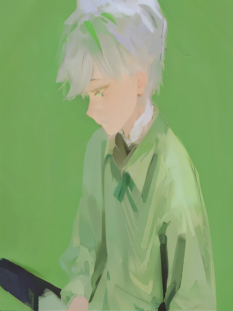 There is a painting,The painting is of a man with a handsome Korean man bowing his head, Yellow-skinned, whaite hair, , green-shirt,Handsome。