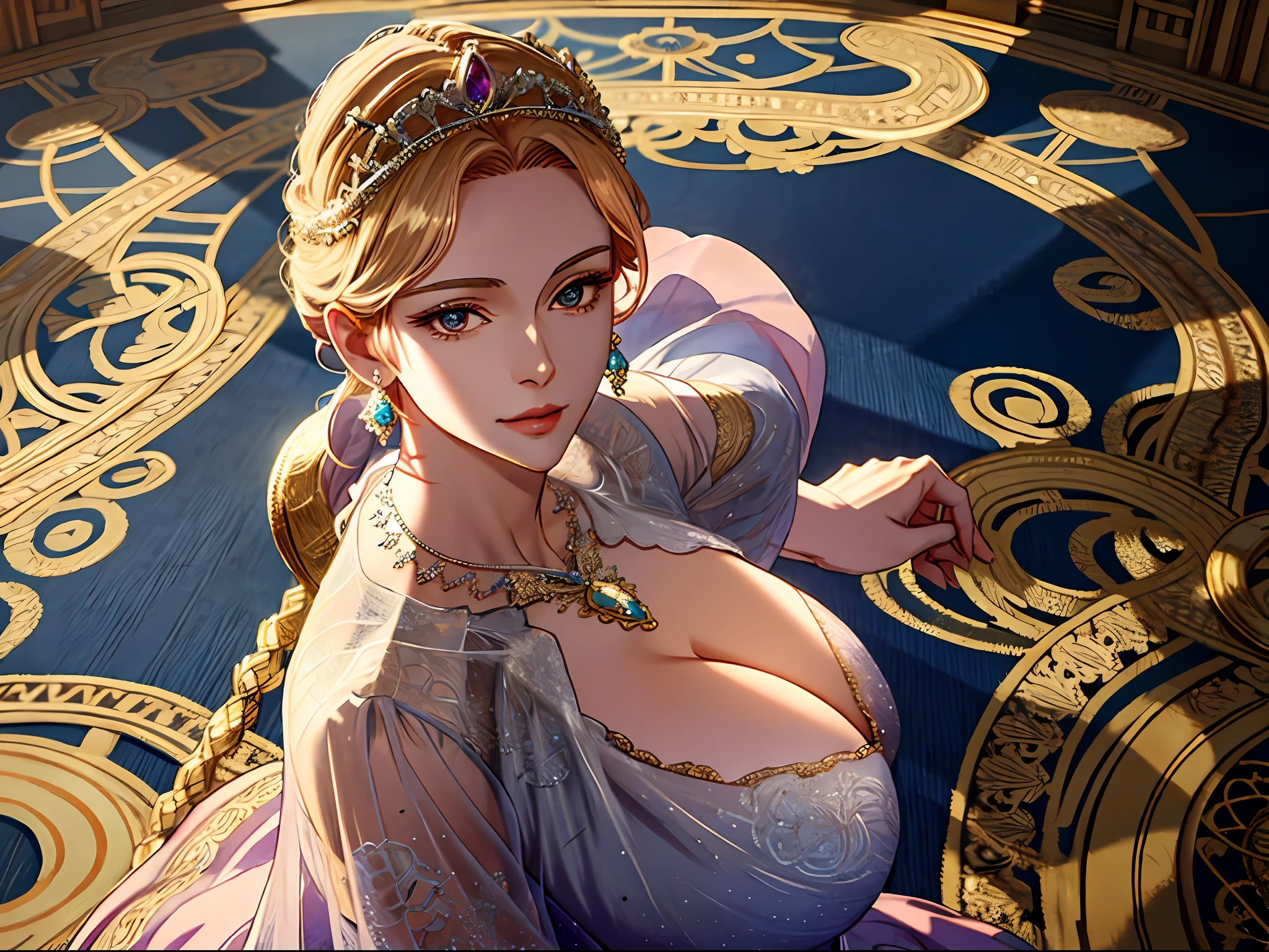 shoujo-style, (extremely delicate and beautiful:1.2), 8k,(masterpiece:1.0),(best_quality:1.0), 1girl, mature woman, complex details, enlarged textures, complex details, finely detailed eyes and detailed face, intricate details, big breast, (cleavage), royal dress, (closed mouth), perfect eyes, equal eyes, evil smile, (goddess), eyelashes, tiara, earrings, necklace, jewelry