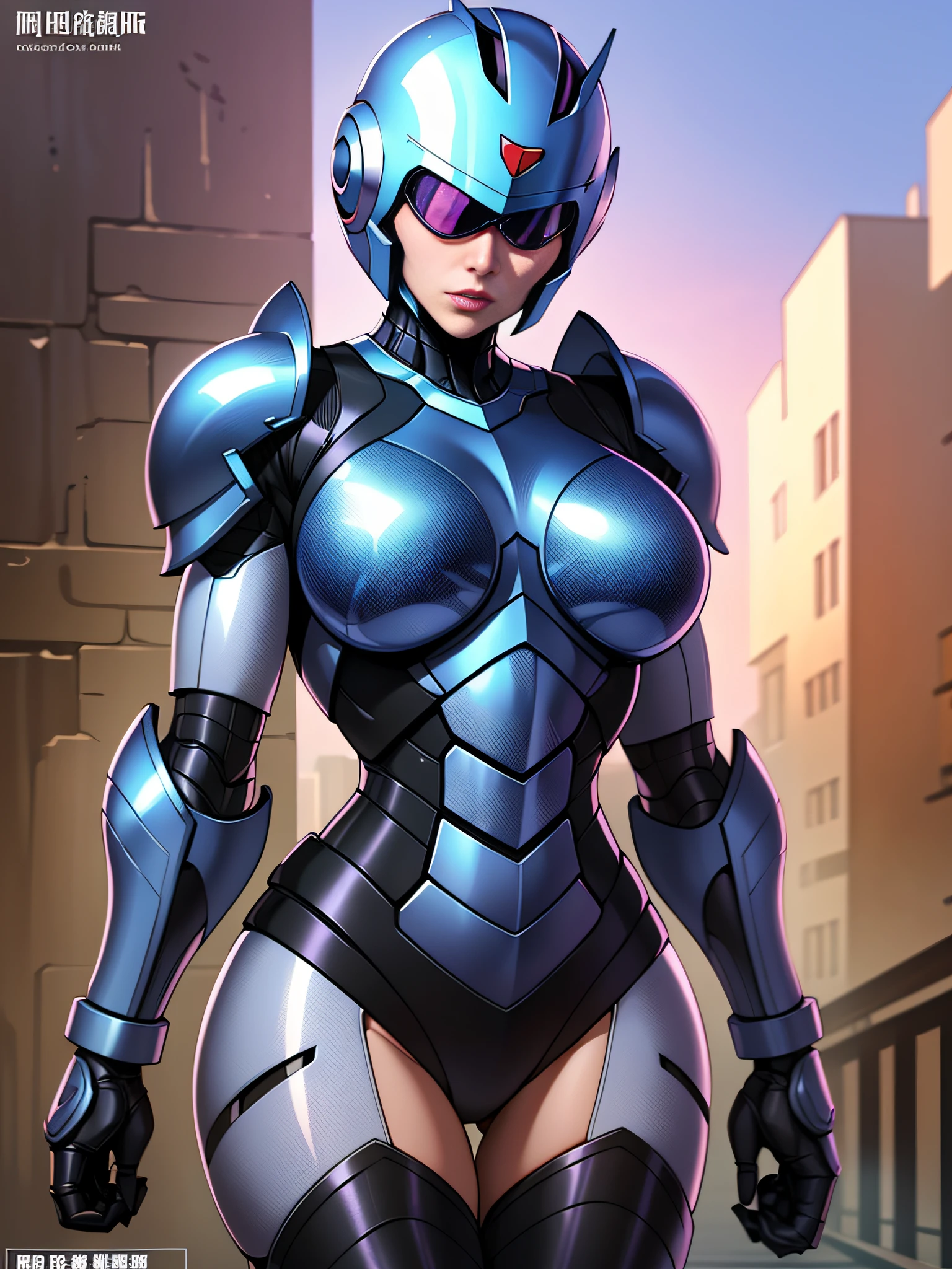 Chest Amer Women Robocop Cover Chest、Armor that completely covers the whole body、very large chest-shaped chest armor,,、Vibrant poses、Helmet to hide your eyes、Rainbow armor、Armor that completely covers the chest、Slender and long legs、full-body view