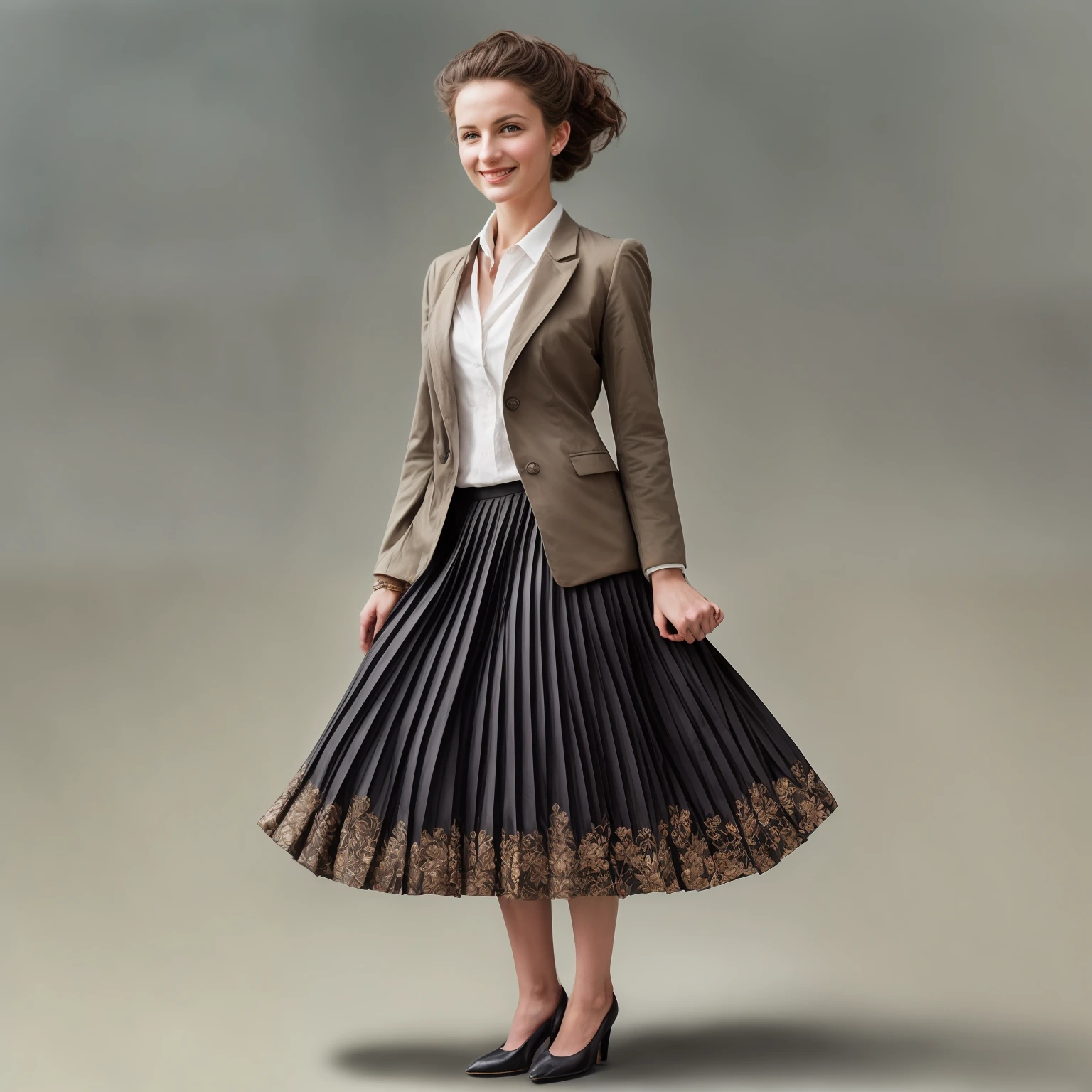 authentic (very shy:1,4 smiling) good woman wearing a short blazer with a very very detailed (long (fully pleated) full circle skirt) and (simple) low heeled office shoes, very very intricate hyper-detailed symmetric (attractive graceful young feminine face) with (sad, tired eyes and shy smile:1,1), full of empathy and compassion and love, (pronounced (feminine) features), (highly detailed ultra accurate realistic) hands and fingers, (windy conditions and wind blowing), epic composition, highly detailed attributes, highly detailed atmosphere, (35mm f1.4 Kodak portra 400 photograph), extremely high quality RAW photograph, intricate, Exquisite details and textures,