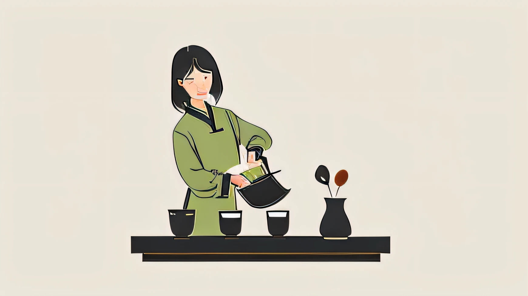 Illustration of a long-haired woman pouring tea into a cup, tea ceremony scene, pouring, Simple illustration, wikihow illustration, Inspired by Wu Guanzhong, Flat illustration, inspired by Watanabe Shōtei, Simple and clean illustration, inspired by Shūbun Tenshō, inspired by Tani Bunchō