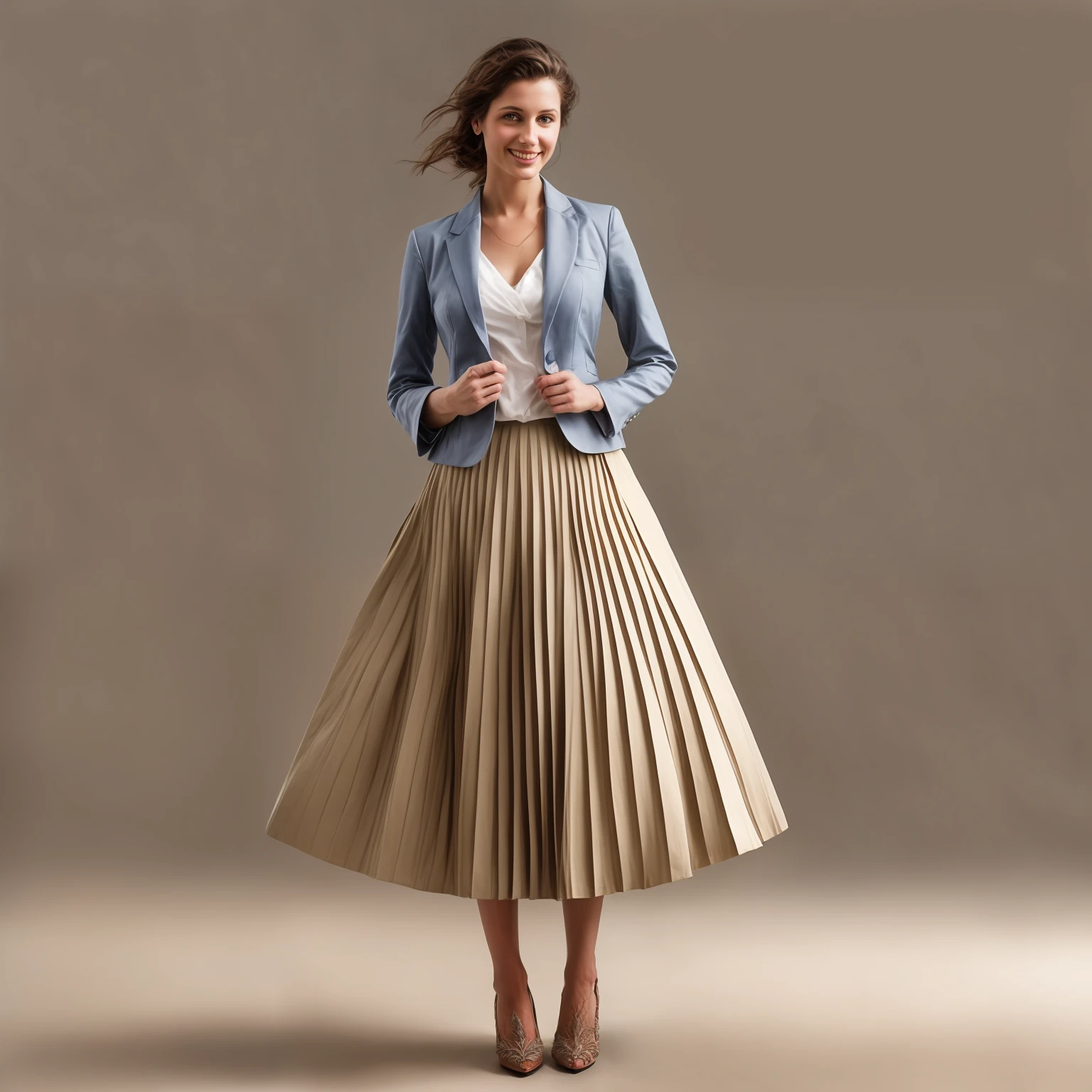 authentic (shy smiling) good woman wearing a short blazer with a very very detailed (long (fully pleated) full circle skirt) and (simple) low heeled office shoes, very very intricate hyper-detailed symmetric (attractive graceful young feminine face) with (sad, tired eyes and shy smile:1,1), large breasts, full of empathy and compassion and love, (pronounced (feminine) features), (highly detailed ultra accurate realistic) hands and fingers, (windy conditions and wind blowing), epic composition, highly detailed attributes, highly detailed atmosphere, (35mm f1.4 Kodak portra 400 photograph), extremely high quality RAW photograph, intricate, Exquisite details and textures,