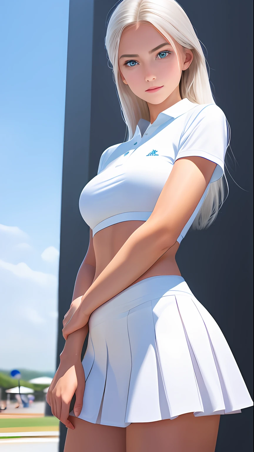 Absurd, Masterpiece, Best Quality, Realistic, Ultra Detail, (Shiny Skin, Sweat: 1.4), Slim, Gaze Viewer, 1Girl, Solo, Tennis Wear, White Polo Shirt, White Sneakers, White Miniskirt, Long Hair, Silver Hair, Blue Eyes, (Thick Thighs: 0.5), Dynamic Lighting, High Resolution, Sharp Focus, Depth of Field, Small Breasts