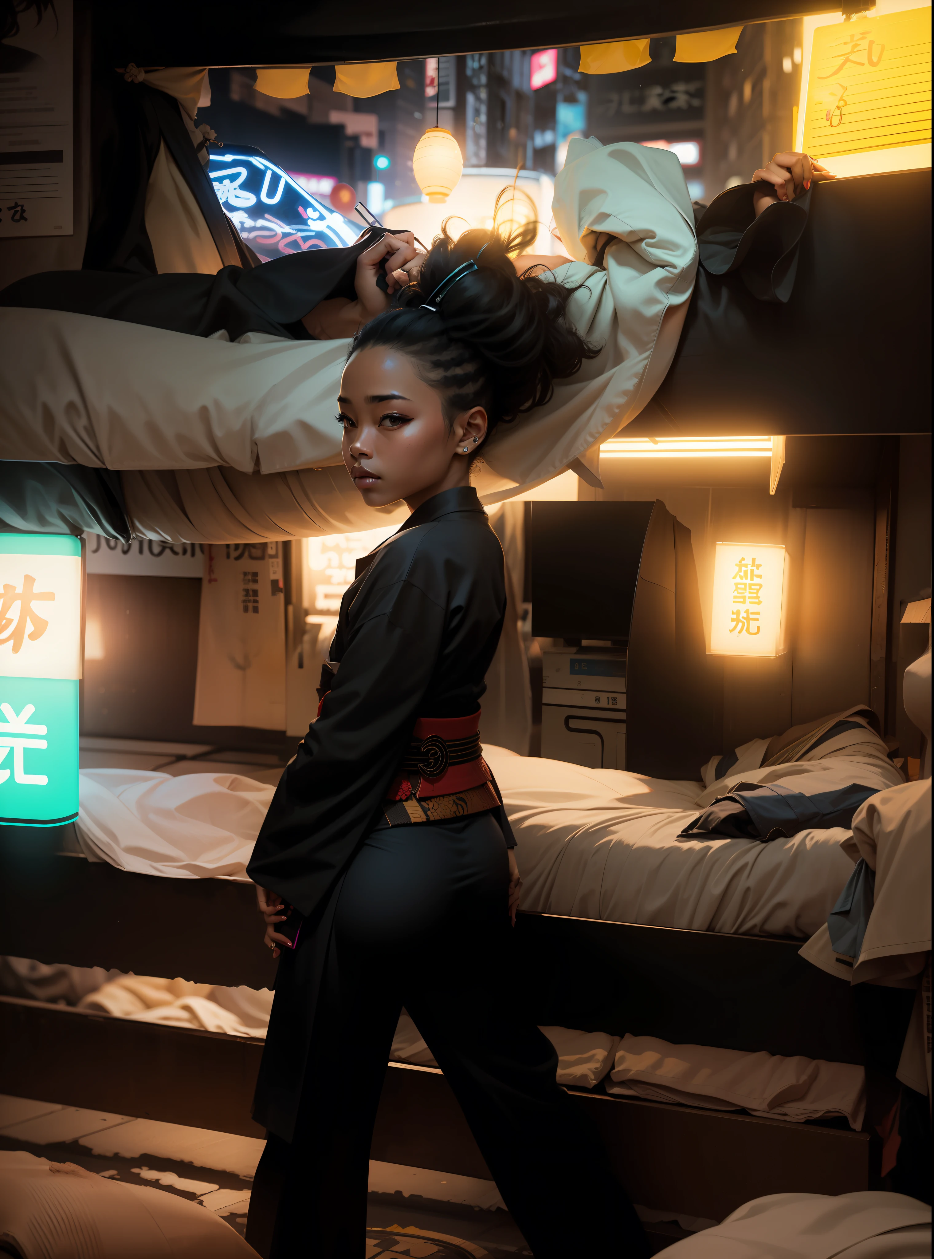 Beautiful African-American samurai girl with her hair pulled back and back dressed in black olgado kimono on the streets of Tokyo at night surrounded by neon signs