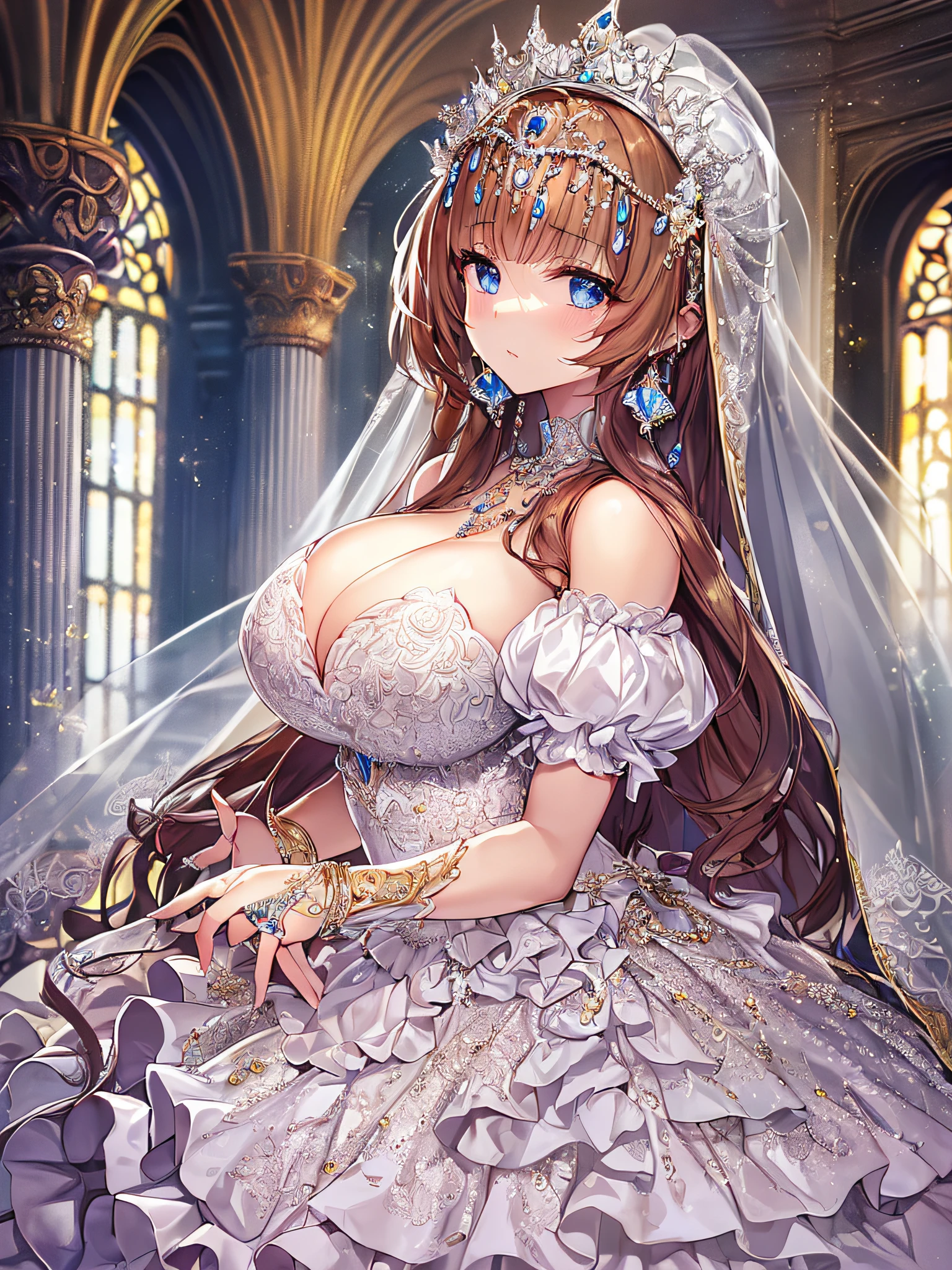 ((anime artstyle)),(Masterpiece),(Best Quality), (Super Detail),((Very Delicate and Beautiful)),Focus on character,Dynamic Angle,Looking at viewer,((Solo)),standing,((full body)),((one princess in gorgeousfull BlingBling wedding dress with voluminous skirt)),((June bride)),detailed face and eyes,jewel-like eyes,((Very Long voluminous Hair)),gorgeous embroidery and lace,((gorgeous corsage)),See-through,(Gorgeous jewelry ornaments),luxury hair ornament,BlingBling luxury tiara with jewels,ornate ruffles,((gigantic breasts,Long breasts)),indoor,church wedding,((full body)),hoop skirt,crinoline,very long gorgeousfull wedding veil,(((jeweled gorgeous embroidery BlingBling wedding dress)))