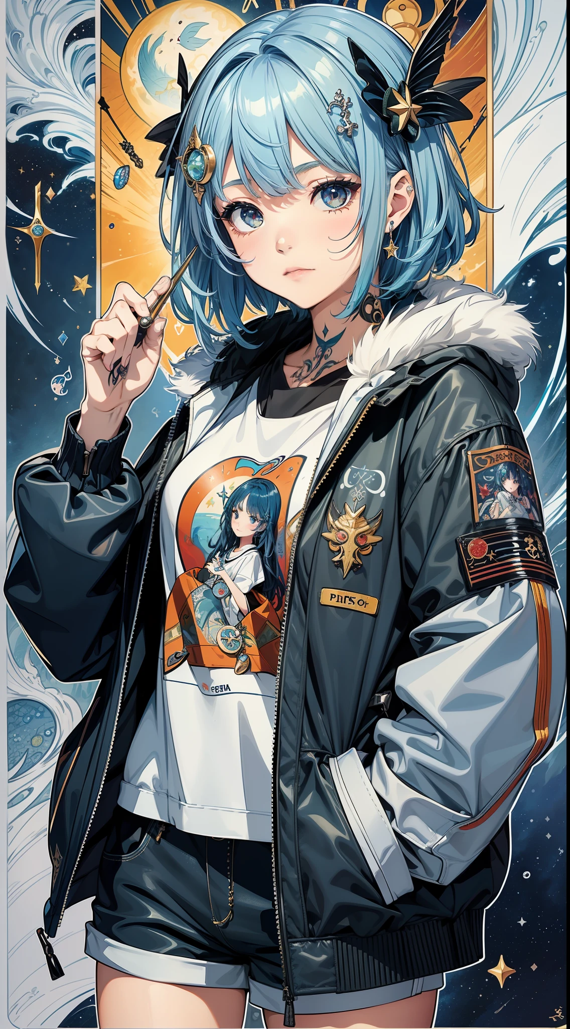 (masterpiece:1.3)、(top-quality)、(in 8K,4K),(Intricate details)、reallistic、(1girl in:1.8)、独奏、(parka、Paint Stain Shorts)、20yr old、short-cut、lightblue hair、Black eyes、((Students of art universities))、Transparent white and transparent skin、Introverted、Height 160cm、slim figure,(Fish-shaped hair ornament:1.2)、((Pisces zodiac sign symbol tattoo)),Brushes and palettes, Poetry and music,Paintings and posters of your favorite works on the wall、Interested in astrology and tarot cards、I like to look at the starry sky
