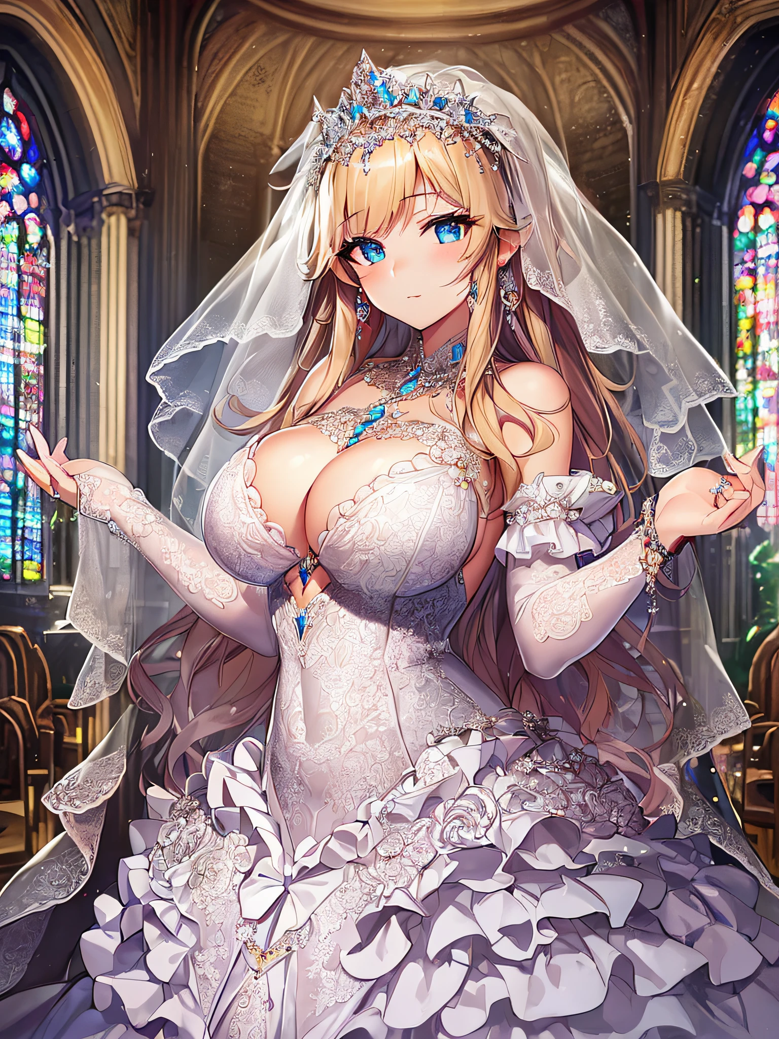 ((anime artstyle)),(Masterpiece),(Best Quality), (Super Detail),((Very Delicate and Beautiful)),Focus on character,Dynamic Angle,Looking at viewer,((Solo)),standing,((full body)),((one princess in gorgeousfull BlingBling wedding dress with voluminous skirt)),((June bride)),detailed face and eyes,jewel-like eyes,((Very Long voluminous Hair)),gorgeous embroidery and lace,((gorgeous corsage)),See-through,(Gorgeous jewelry ornaments),luxury hair ornament,BlingBling luxury tiara with jewels,ornate ruffles,((gigantic breasts,Long breasts)),indoor,church wedding,((full body)),hoop skirt,crinoline,very long gorgeousfull wedding veil,(((jeweled gorgeous embroidery BlingBling wedding dress)))