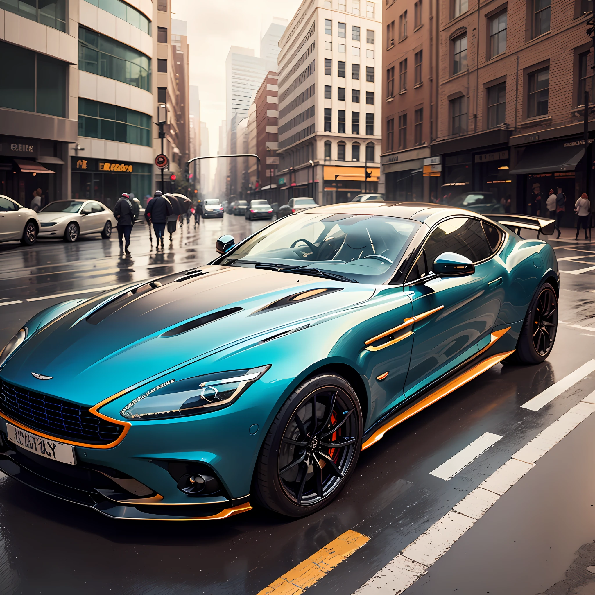 Aston Martin sports car rainy day city street cool details --auto