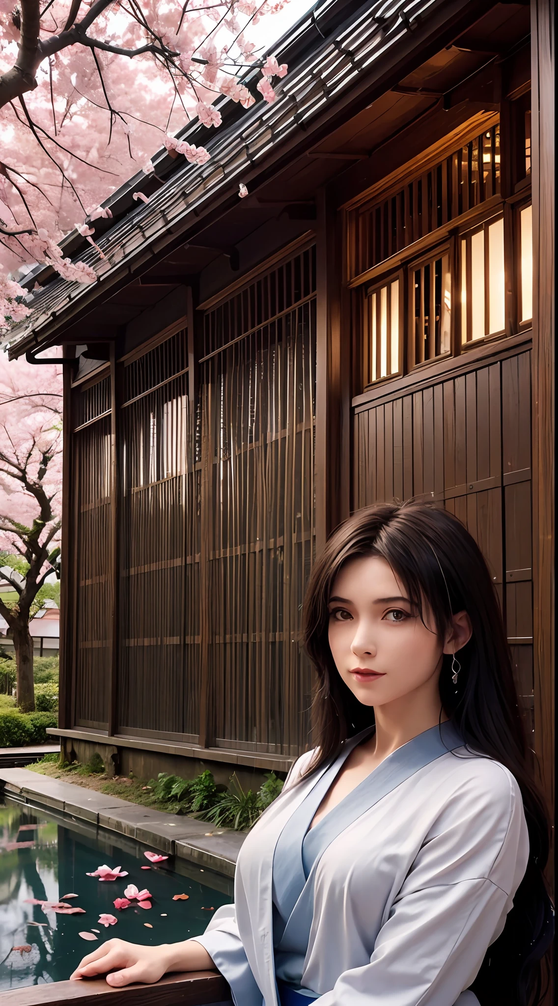(Masterpiece, high resolution, illustration:1.3),half-body photo, Charming schoolgirl, closeup of face,(Flowing russet hair:1.2), Emerald green eyes, (Traditional samurai costume:1.1), Sakura themed kimono, , Old stone paved streets, Tokyo in cherry blossom season, (Petals flutter in the rain:1.2), misterious ambience, (illuminated lanterns:1.1), Comfortable storefront, Traditional wooden house, (Tranquil water reflection:1.2), pensive expression, tranquil ambiance, Gentle raindrops, Diagonal composition, Top-down perspective, Fantastic color scheme, Poetic storytelling.