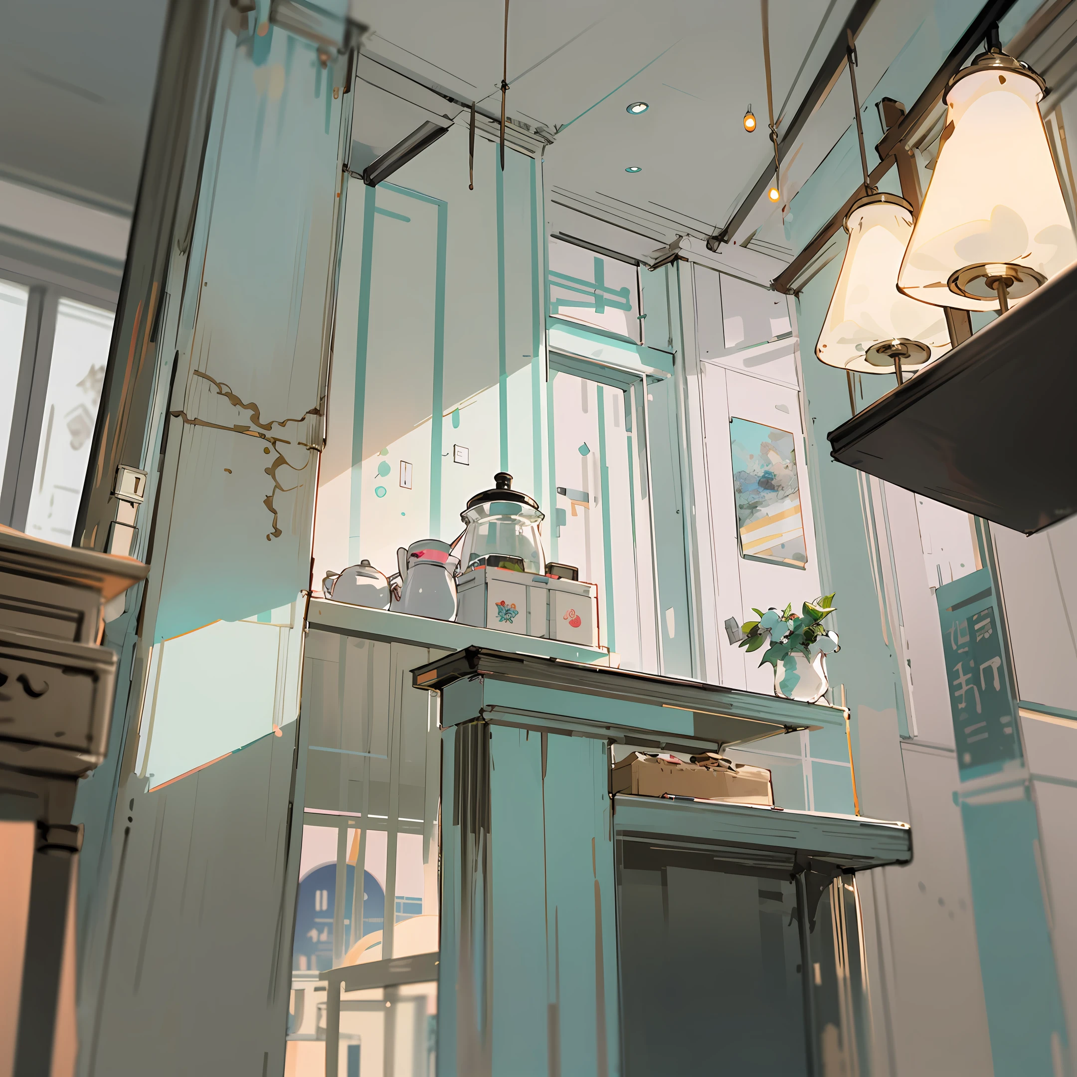 Help me generate a simple milk tea shop,Color selection is required:The minimalist style is usually bright、in pastel shades。You can choose simple white or light gray as the main color,Pair it with one or two lighter secondary colors,Such as pale pink、Mint green or beige。 layout:Maintain a simple and transparent style in the layout of the milk tea shop。 Lighting design:The use of soft and ample lighting is one of the important elements of minimalist style。Choose warm lights,Chandeliers can be used、Lighting decorations such as floor lamps or light strips,Creates a cozy atmosphere。