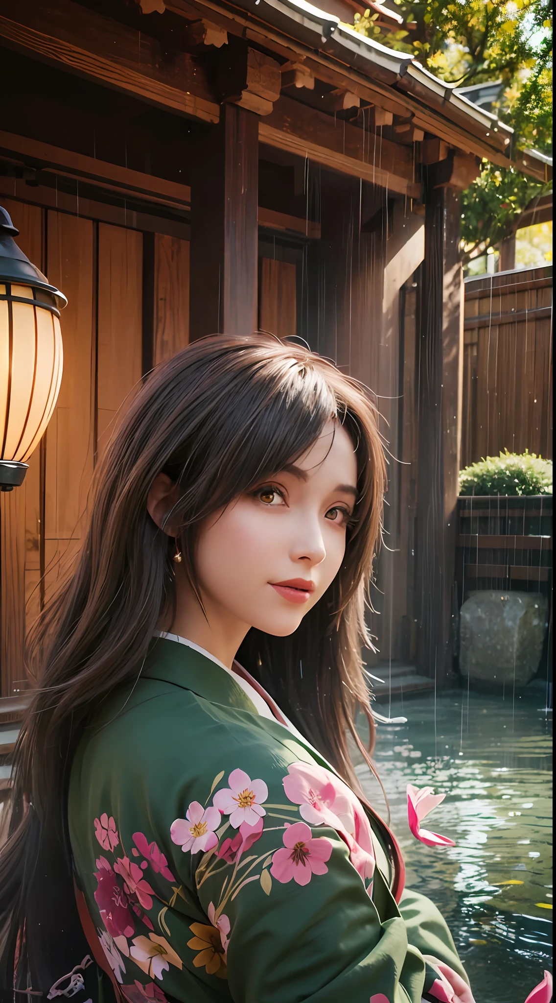 (Masterpiece, high resolution, illustration:1.3),half-body photo， Charming schoolgirl, closeup of face，(Flowing russet hair:1.2), Emerald green eyes, (Traditional samurai costume:1.1), Sakura themed kimono, , Old stone paved streets, Tokyo in cherry blossom season, (Petals flutter in the rain:1.2), misterious ambience, (illuminated lanterns:1.1), Comfortable storefront, Traditional wooden house, (Tranquil water reflection:1.2), pensive expression, tranquil ambiance, Gentle raindrops, Diagonal composition, Top-down perspective, Fantastic color scheme, Poetic storytelling.