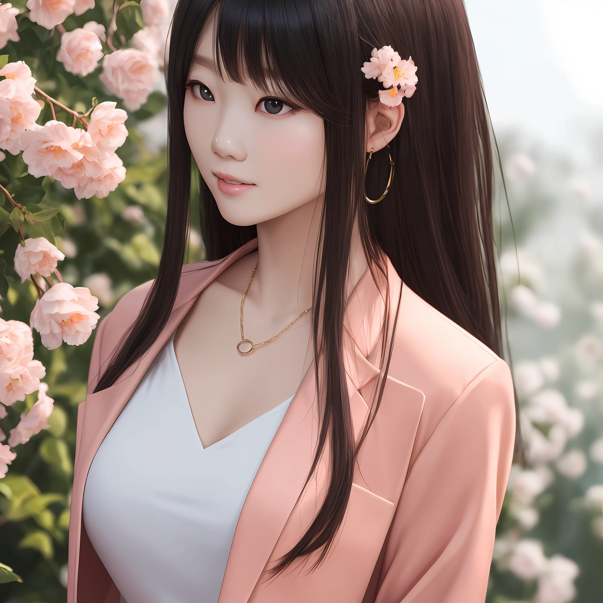 Gentle and charming Chinese beautiful woman, upper body photo, exquisite and sexy collarbone, charming oval face, double eyelids, smart peach blossom eyes, pink lips, small nose, bare shoulders, focused face, face close-up, ultra-high-definition, Super details, elegant standing posture, blue thin jacket with white top and casual cropped pants, it looks really intellectual, elegant and very fashionable --auto